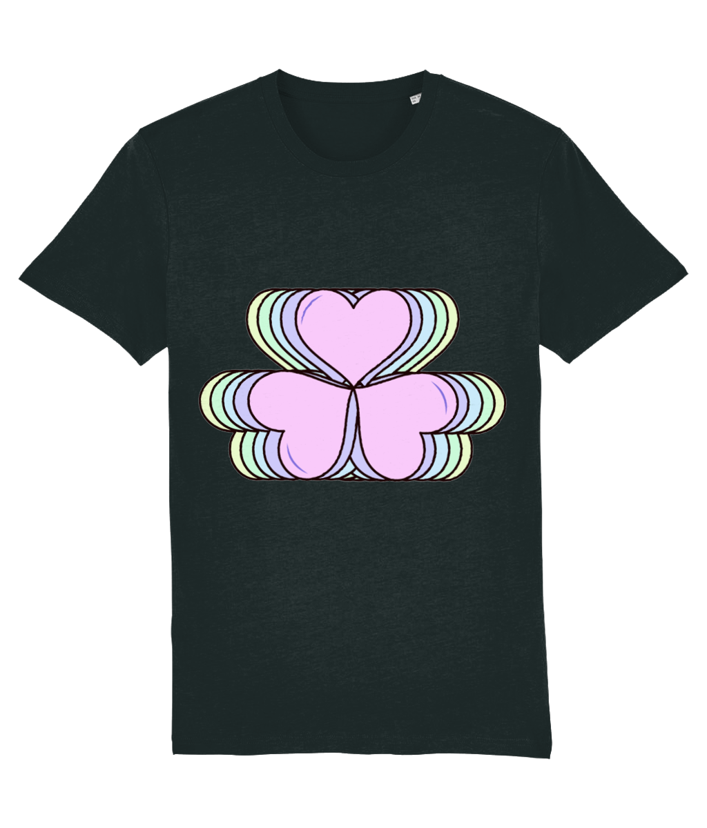 Front view of the black Amorelle cotton t-shirt with a pastel graphic design, laid flat, from Simply Pastels, a UK-based premium ethical clothing brand.
