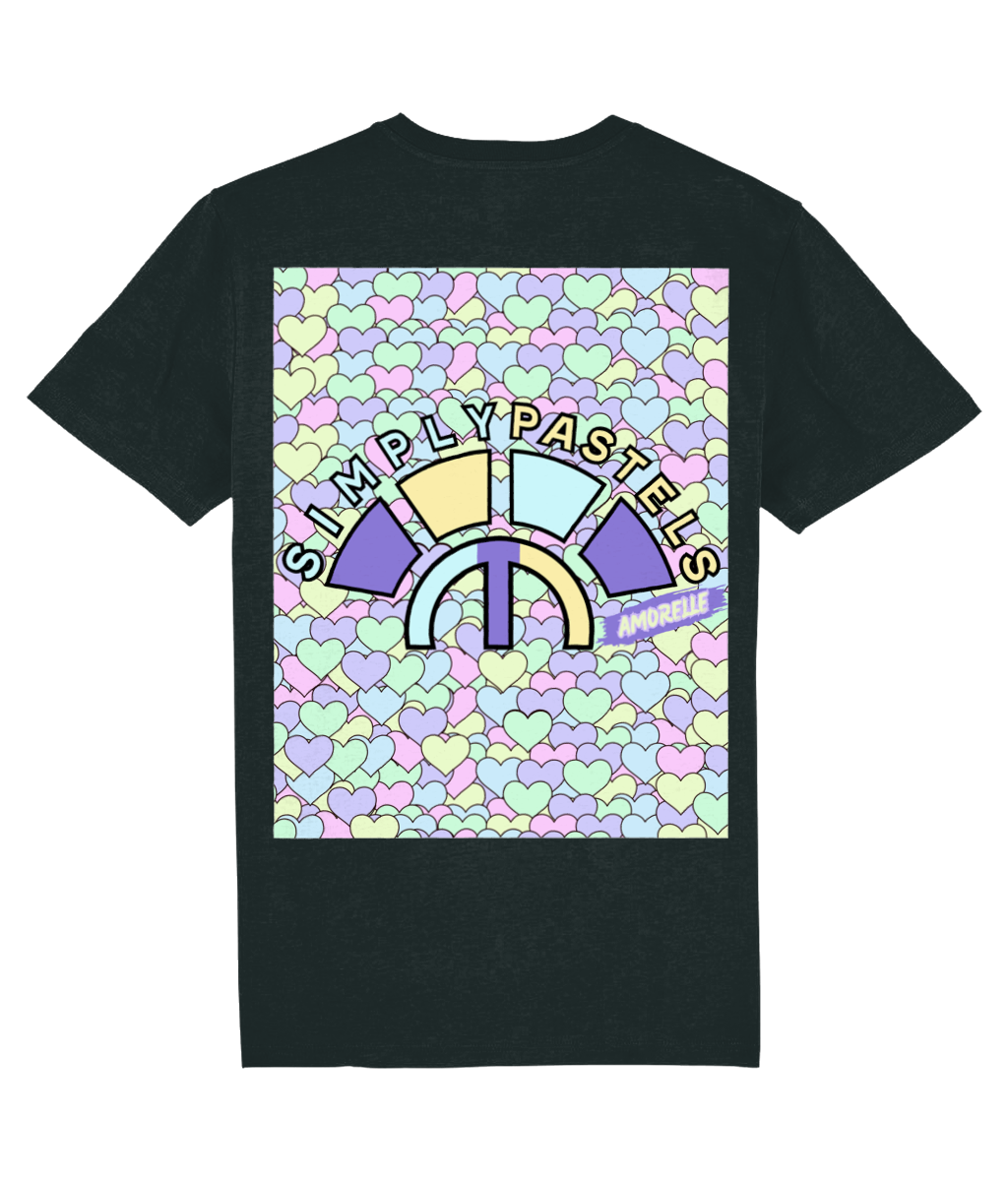 Back view of the black Amorelle organic cotton t-shirt with a pastel graphic design, laid flat, from Simply Pastels, a UK-based premium ethical clothing brand.