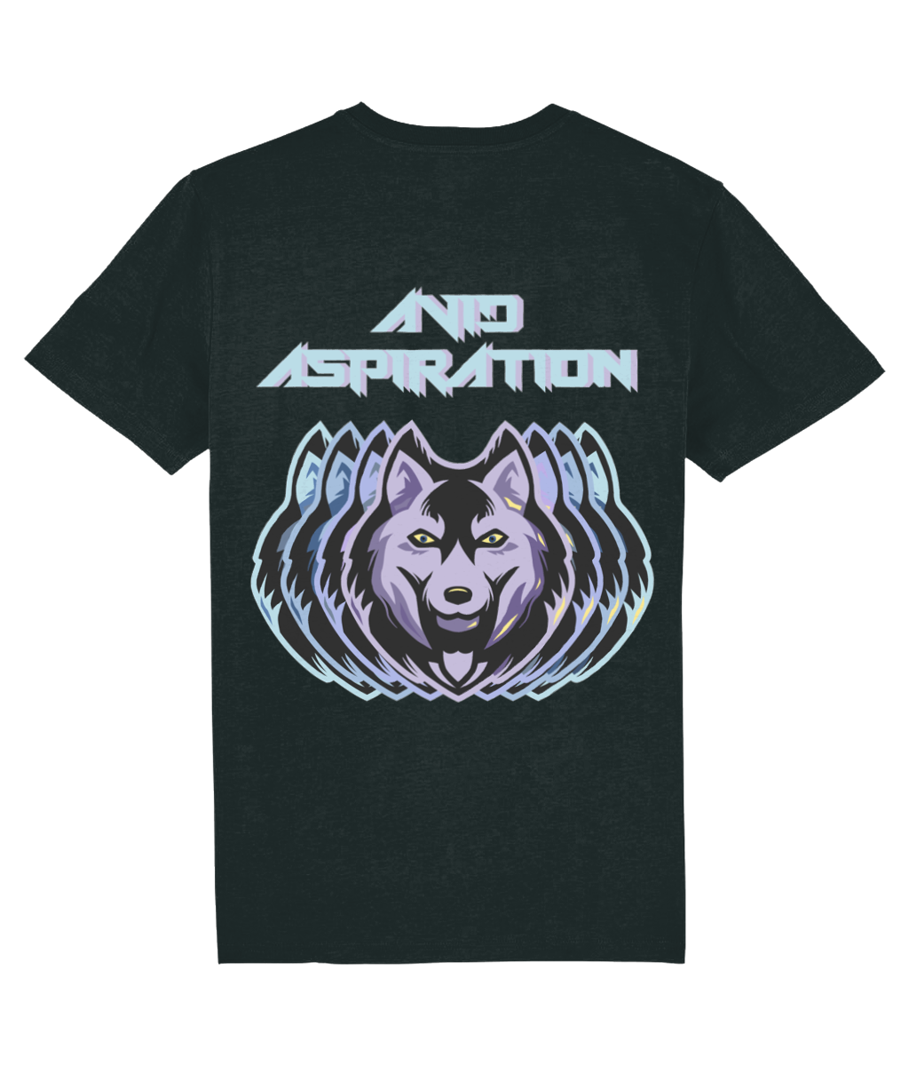 Back view of the black Avid Aspiration cotton t-shirt with a pastel graphic design, laid flat, from Simply Pastels, a UK-based premium ethical clothing brand.