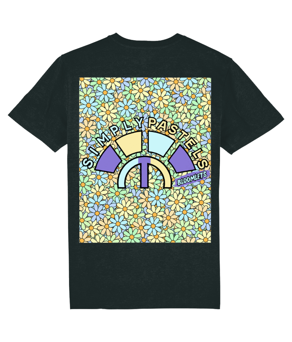 Back view of the black Bloomlets organic cotton t-shirt with a pastel graphic design, laid flat, from Simply Pastels, a UK-based premium ethical clothing brand.