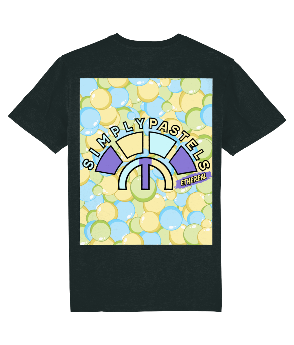 Back view of the black Ethereal t-shirt with a pastel graphic design, laid flat, from Simply Pastels, a UK-based premium ethical clothing brand.