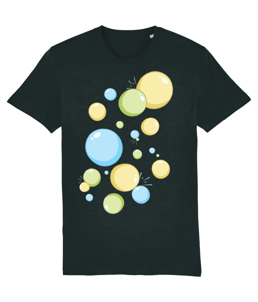 Front view of the black Ethereal t-shirt with a pastel graphic design, laid flat, from Simply Pastels, a UK-based premium ethical clothing brand.