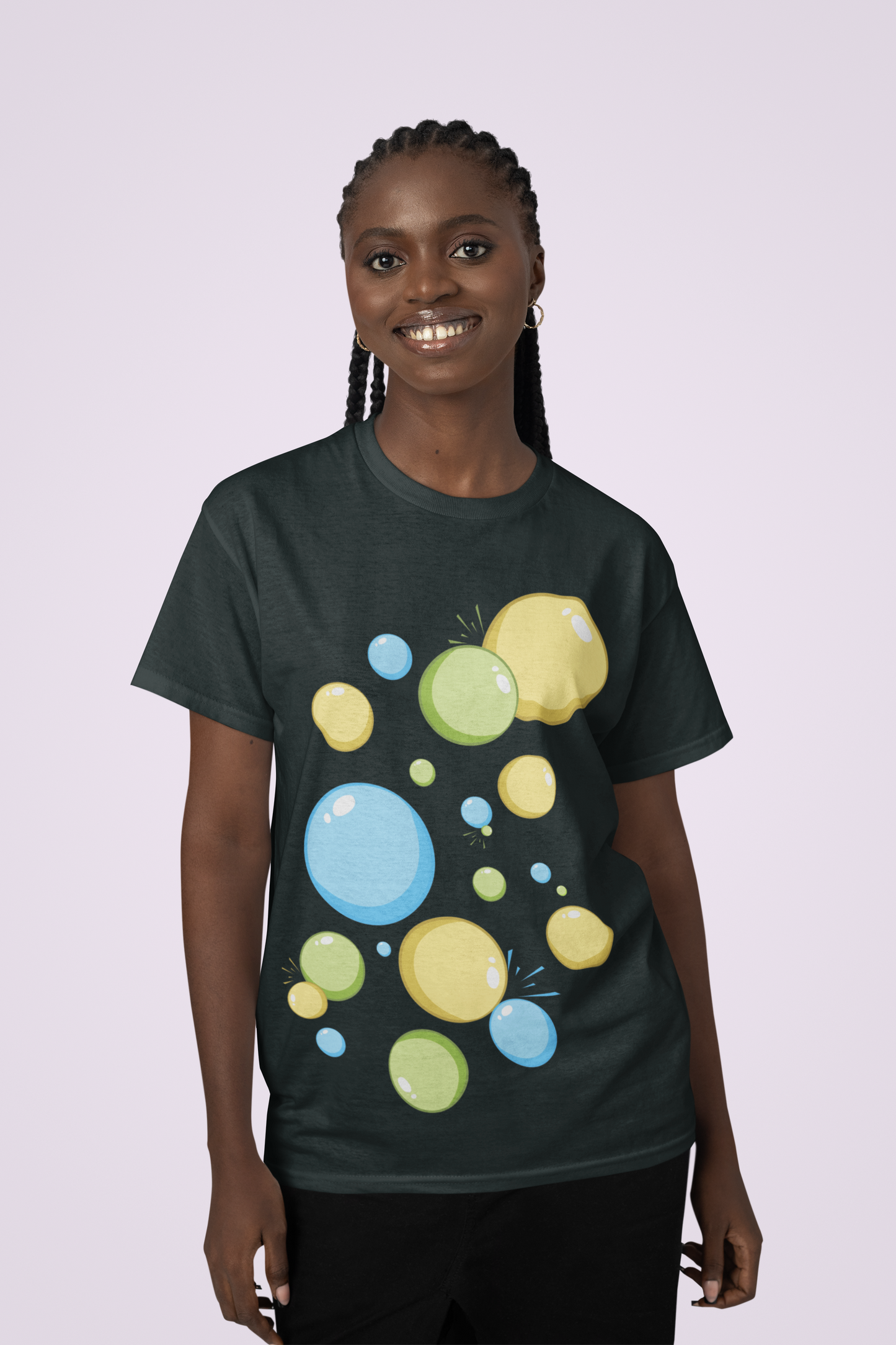 Front view of the black Ethereal t-shirt with a pastel graphic design from Simply Pastels, a UK-based premium ethical clothing brand.