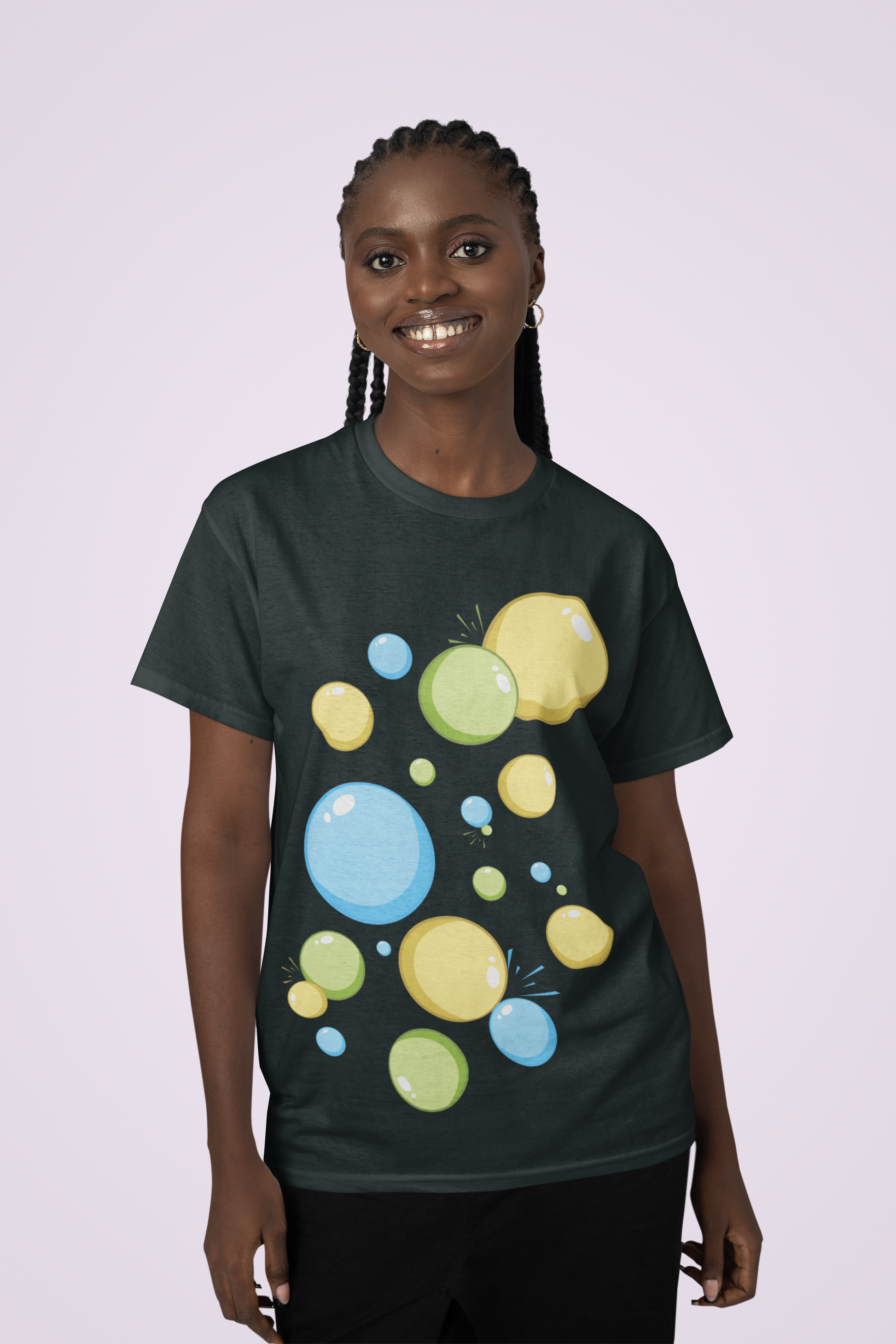 Front view of the black Ethereal t-shirt with a pastel graphic design from Simply Pastels, a UK-based premium ethical clothing brand.