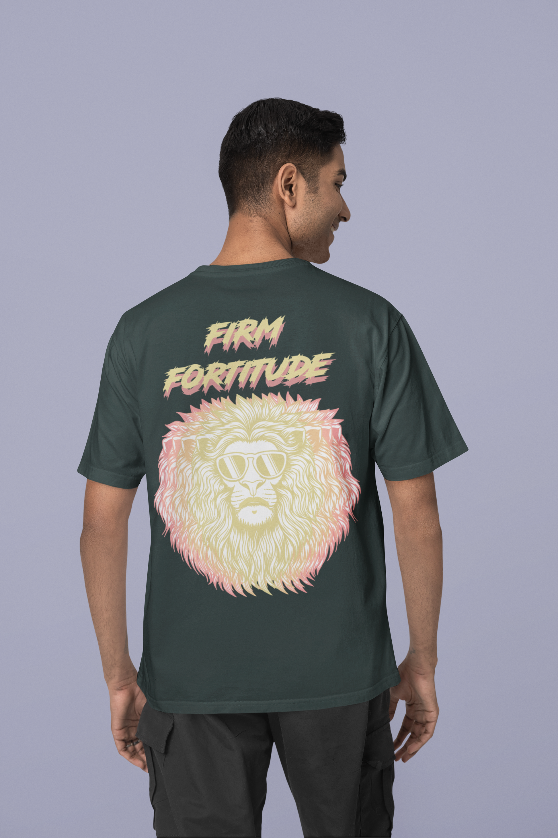 Back view of the black Firm Fortitude organic cotton t-shirt with a pastel graphic design, from Simply Pastels, a UK-based premium ethical clothing brand.
