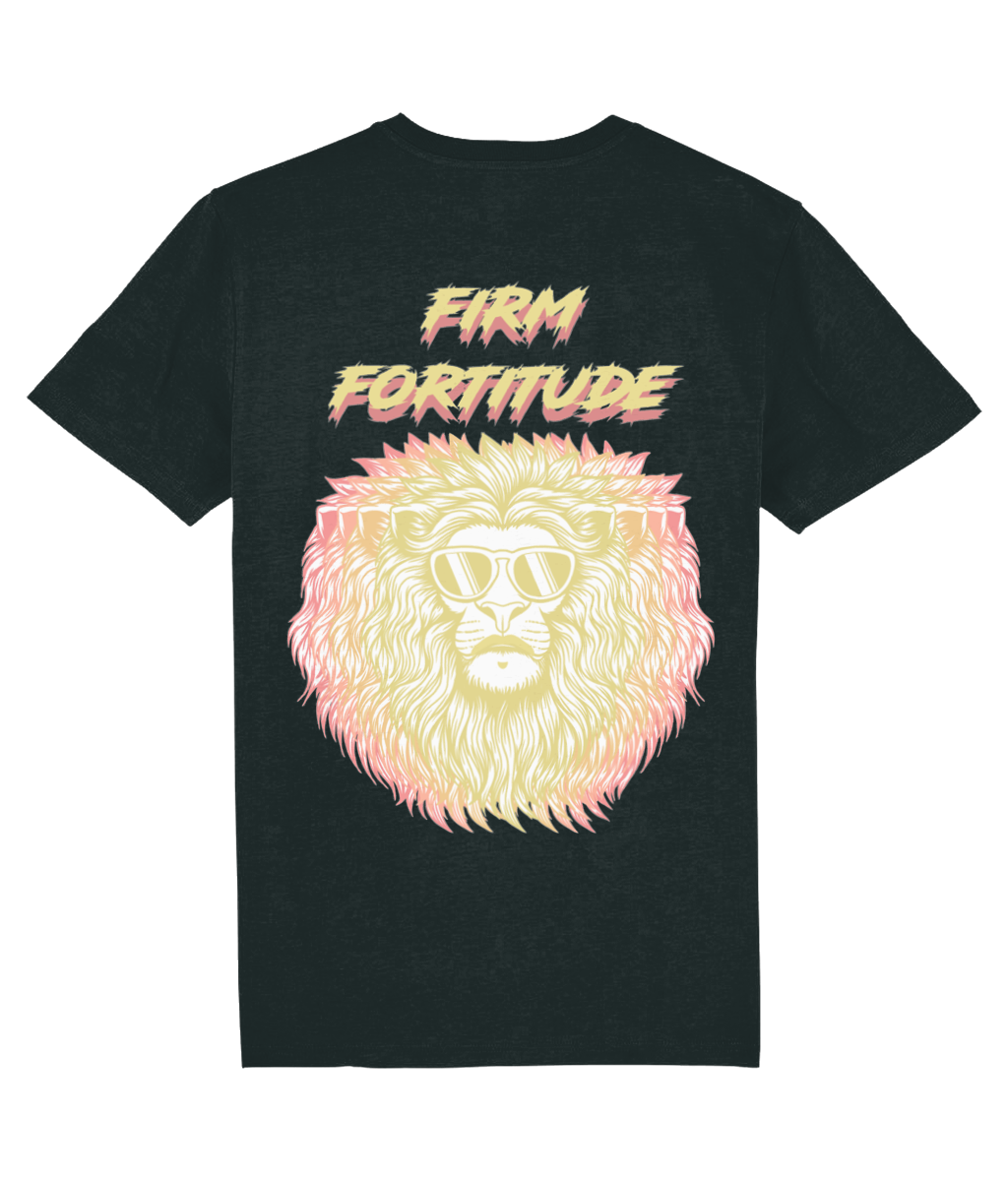 Back view of the black Firm Fortitude organic cotton t-shirt with a pastel graphic design, laid flat, from Simply Pastels, a UK-based premium ethical clothing brand.