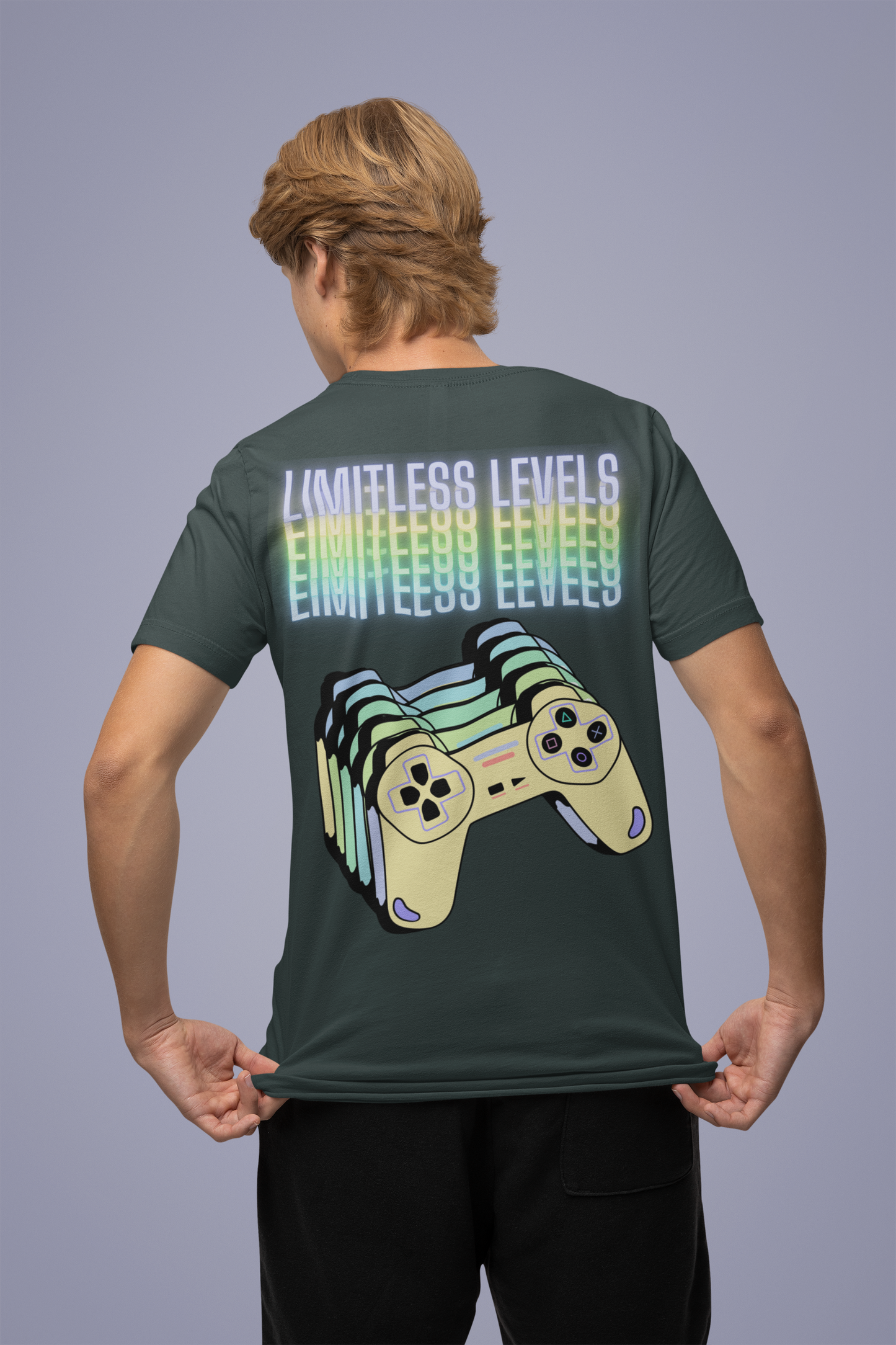 Back view of the black Limitless Levels cotton t-shirt with a pastel graphic design, from Simply Pastels, a UK-based premium ethical clothing brand.