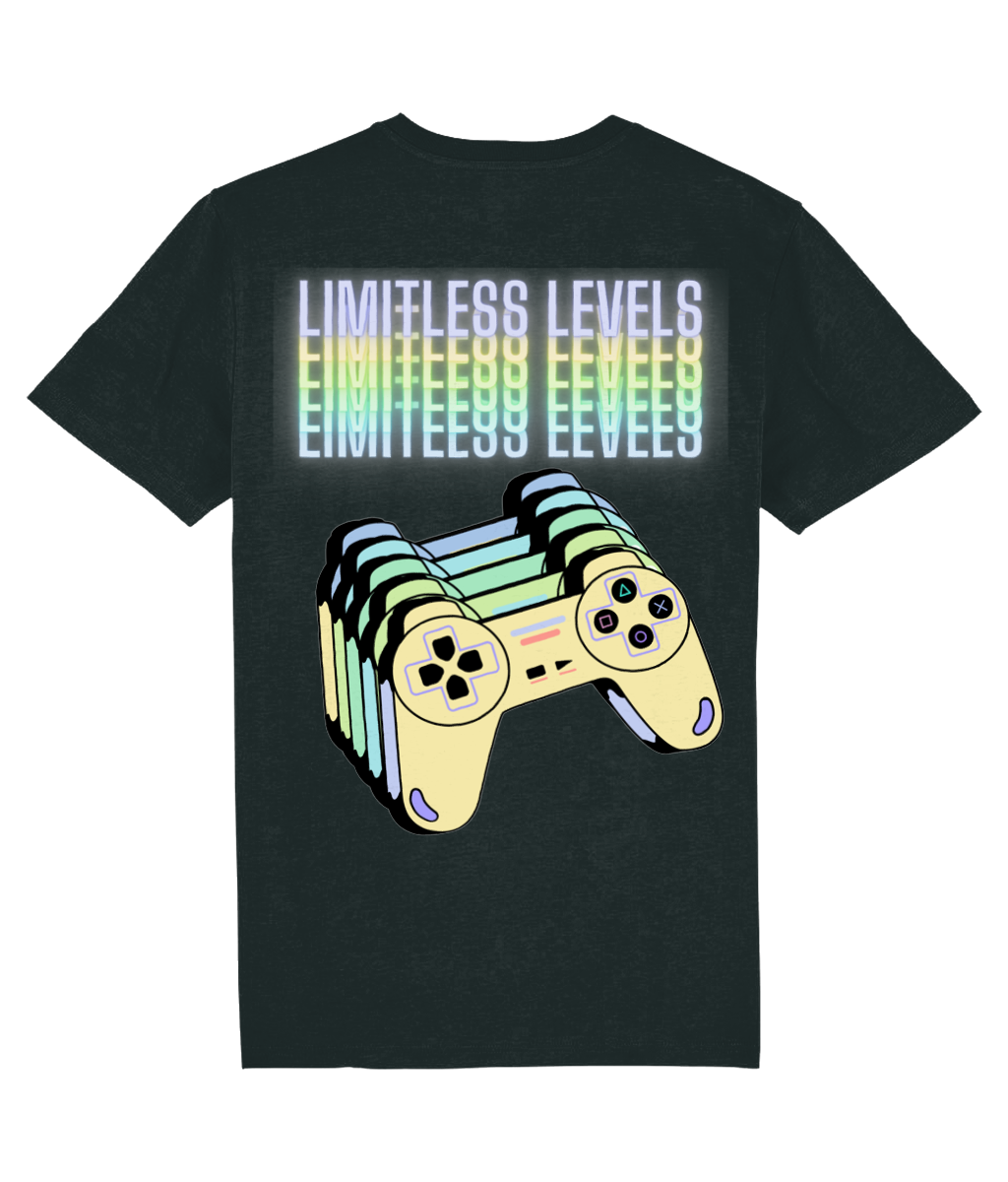 Back view of the black Limitless Levels cotton t-shirt with a pastel graphic design, laid flat, from Simply Pastels, a UK-based premium ethical clothing brand.