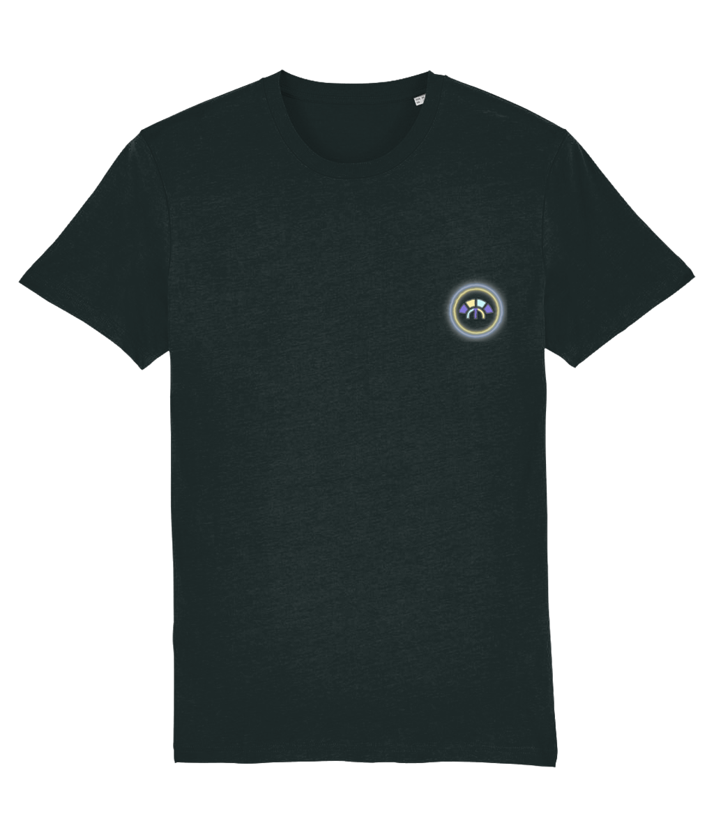 Front view of the black Limitless Levels cotton t-shirt with a pastel graphic design, laid flat, from Simply Pastels, a UK-based premium ethical clothing brand.