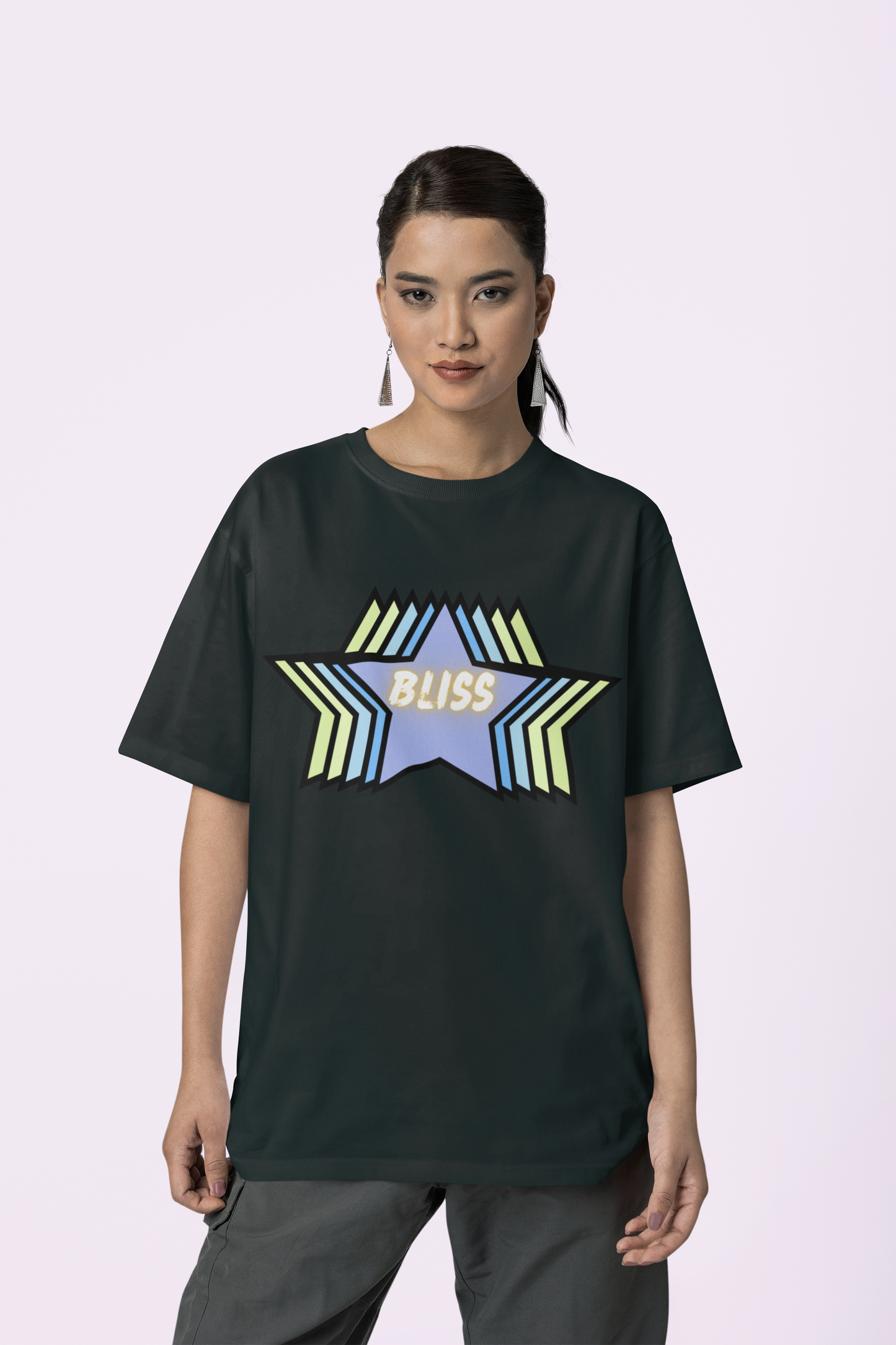 Front view of the black Limitless Levels cotton t-shirt with a pastel graphic design, laid flat, from Simply Pastels, a UK-based premium ethical clothing brand.