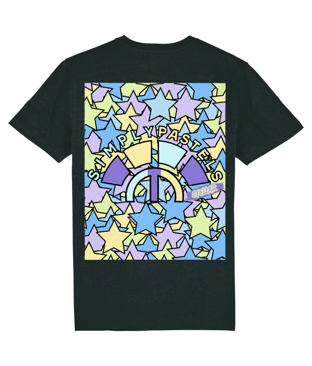 Back view of the black Limitless Levels cotton t-shirt with a pastel graphic design, laid flat, from Simply Pastels, a UK-based premium ethical clothing brand.