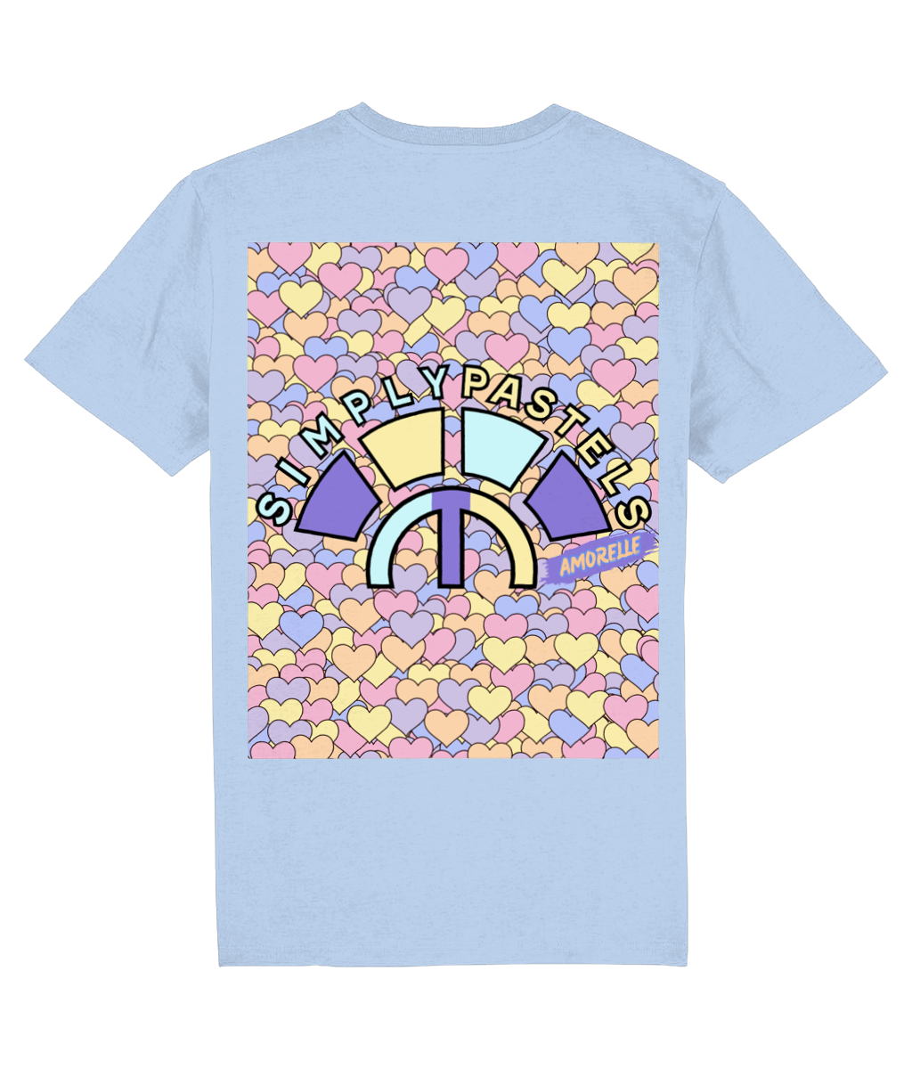 Back view of the blue Amorelle organic cotton t-shirt with a pastel graphic design, laid flat, from Simply Pastels, a UK-based premium ethical clothing brand.