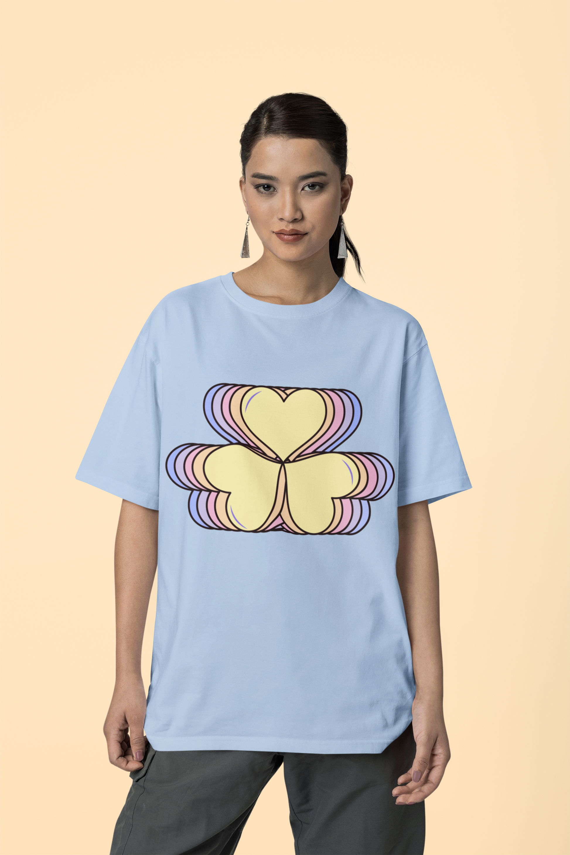 Front view of the blue soul Amorelle  organic cotton t-shirt with a pastel graphic design, from Simply Pastels, a UK-based premium ethical clothing brand.