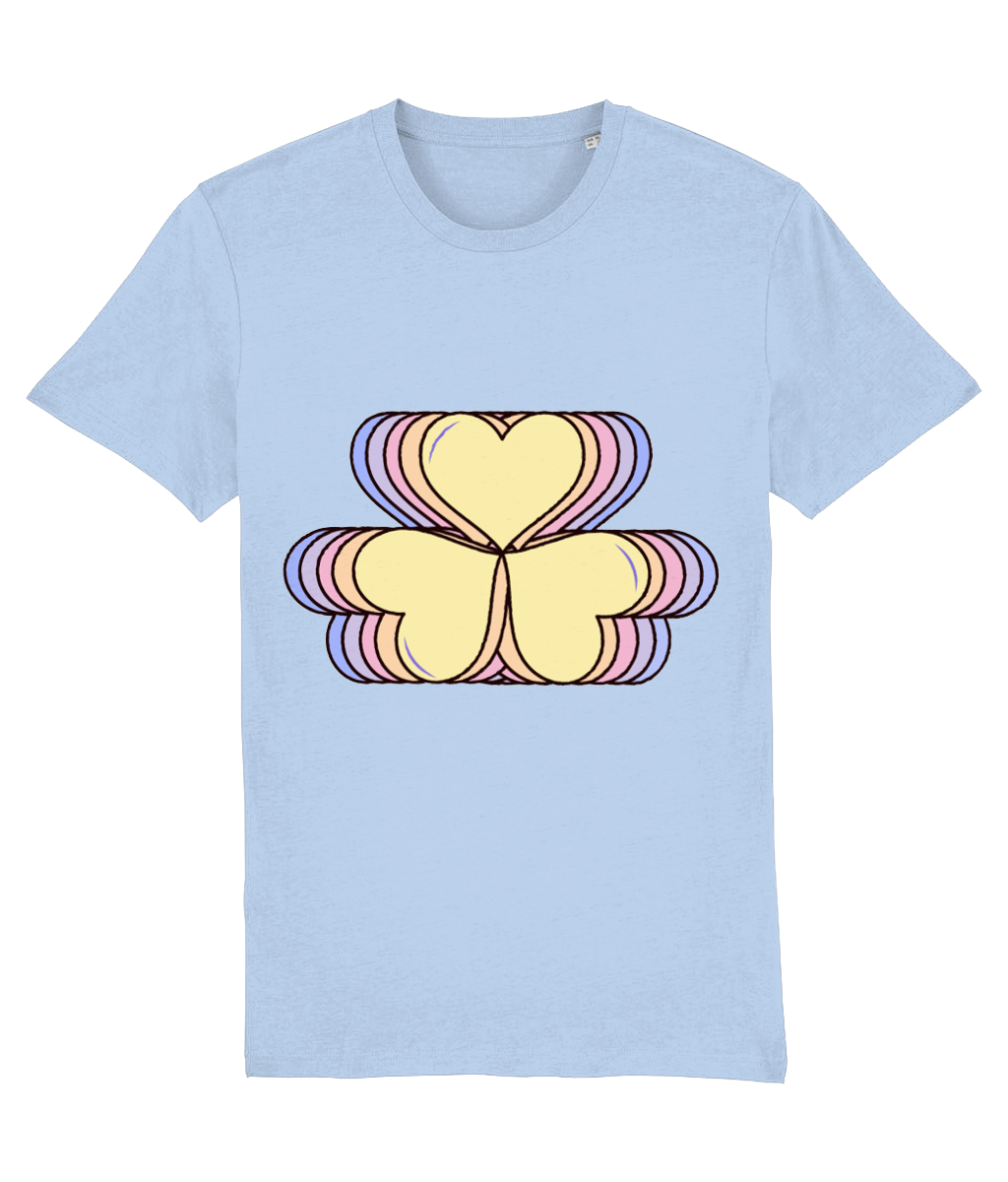Front view of the blue soul Amorelle  organic cotton t-shirt with a pastel graphic design, laid flat, from Simply Pastels, a UK-based premium ethical clothing brand.