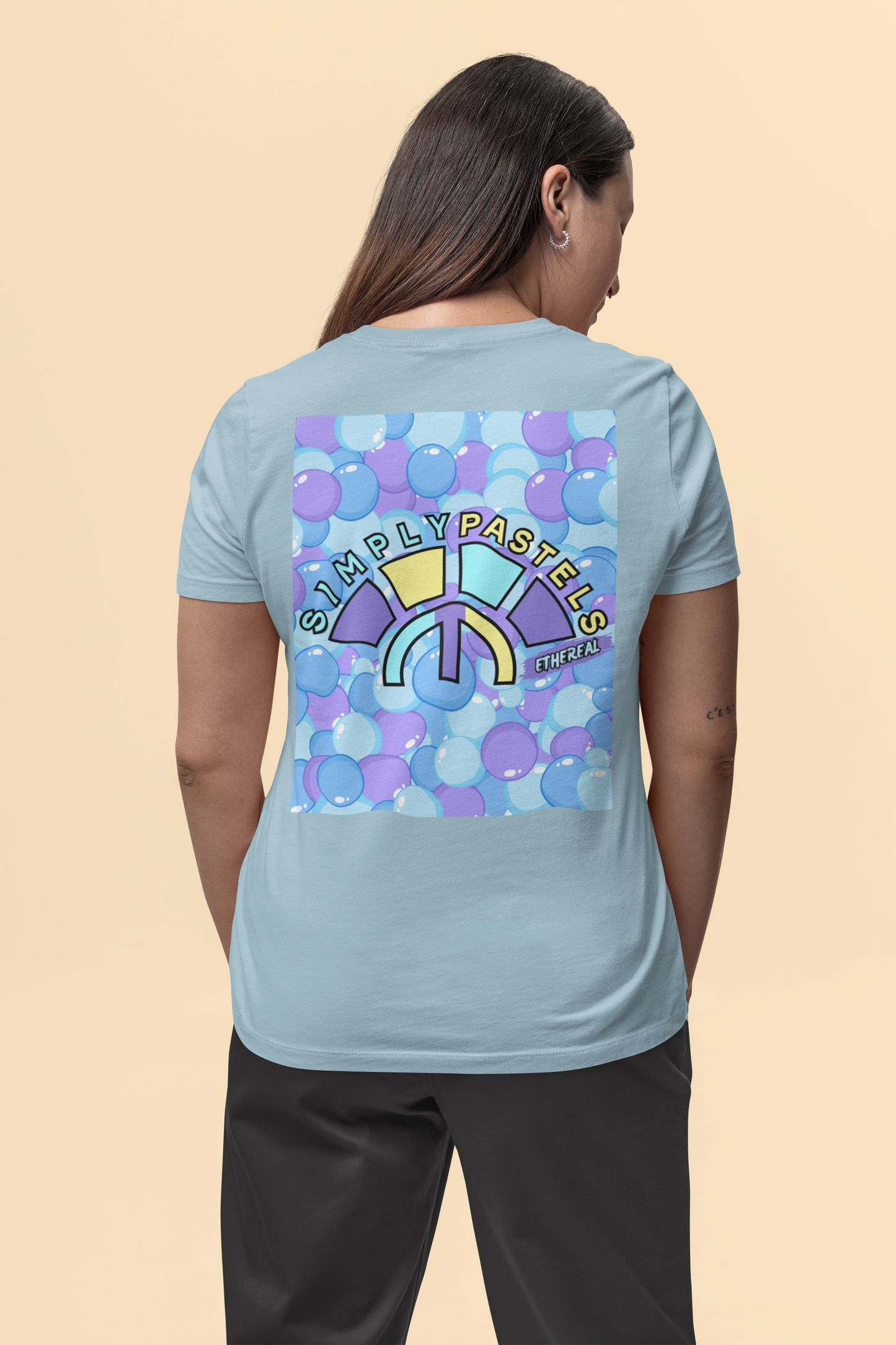 Back view of the blue soul Ethereal organic cotton t-shirt with a pastel graphic design, from Simply Pastels, a UK-based premium ethical clothing brand.