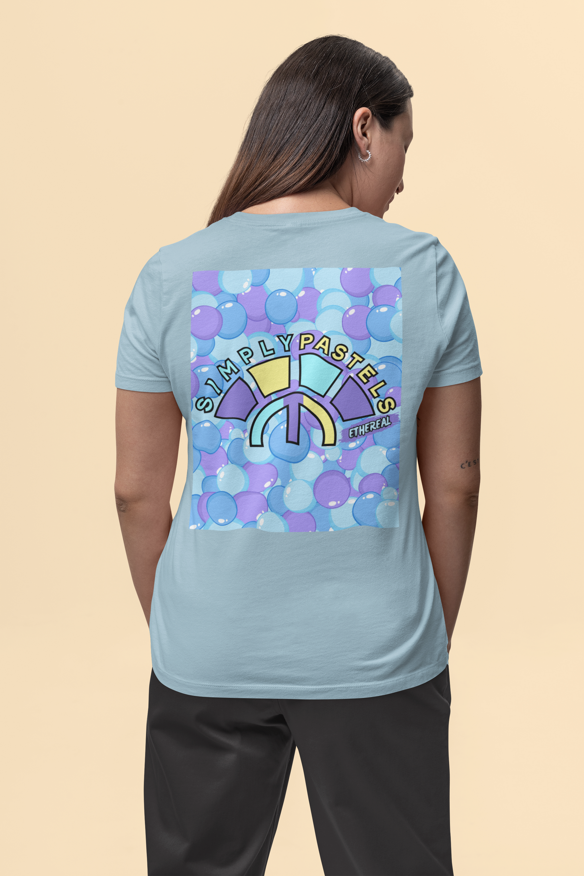 Back view of the blue soul Ethereal organic cotton t-shirt with a pastel graphic design, from Simply Pastels, a UK-based premium ethical clothing brand.