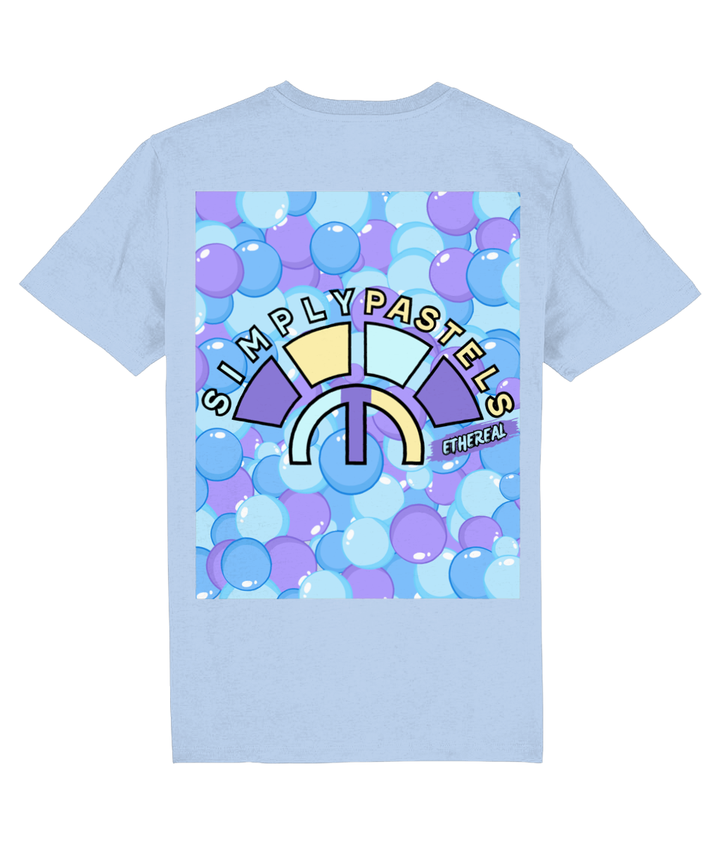 Back view of the blue soul Ethereal organic cotton t-shirt with a pastel graphic design, from Simply Pastels, a UK-based premium ethical clothing brand.