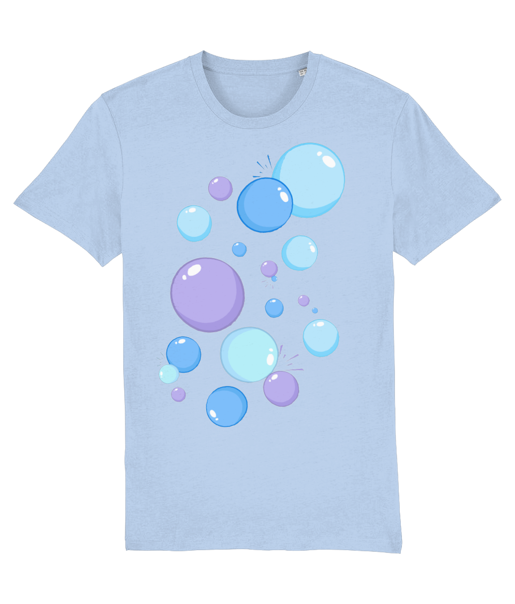 Front view of the blue soul Ethereal organic cotton t-shirt with a pastel graphic design, laid flat, from Simply Pastels, a UK-based premium ethical clothing brand.