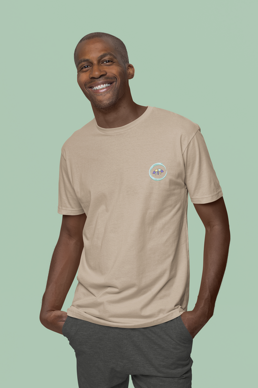 Front view of the desert dust Avid Aspiration  organic cotton t-shirt with a pastel graphic design, from Simply Pastels, a UK-based premium ethical clothing brand.