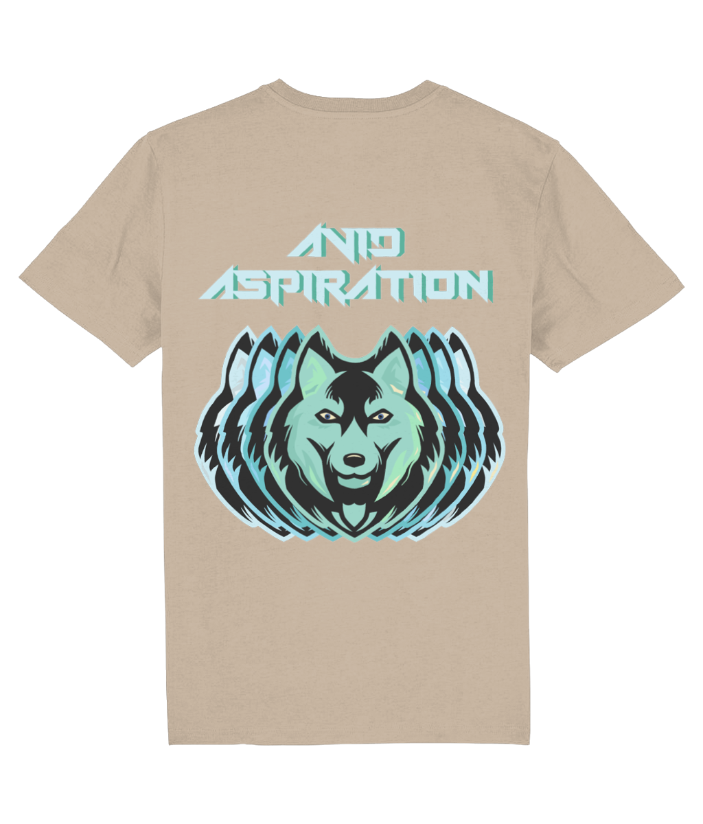 Back view of the desert dust Avid Aspiration  organic cotton t-shirt with a pastel graphic design, laid flat, from Simply Pastels, a UK-based premium ethical clothing brand.