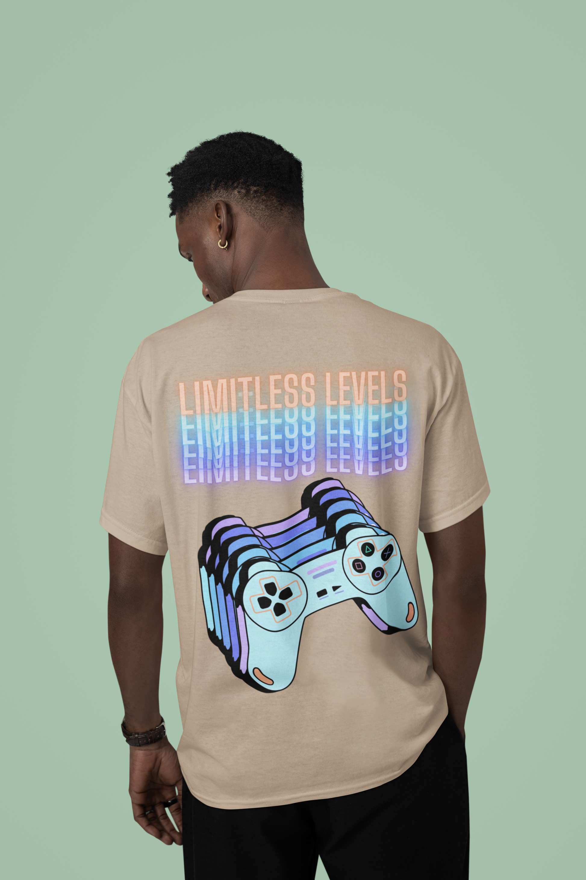 Back view of the desert dust Limitless Levels organic cotton t-shirt with a pastel graphic design, from Simply Pastels, a UK-based premium ethical clothing brand.
