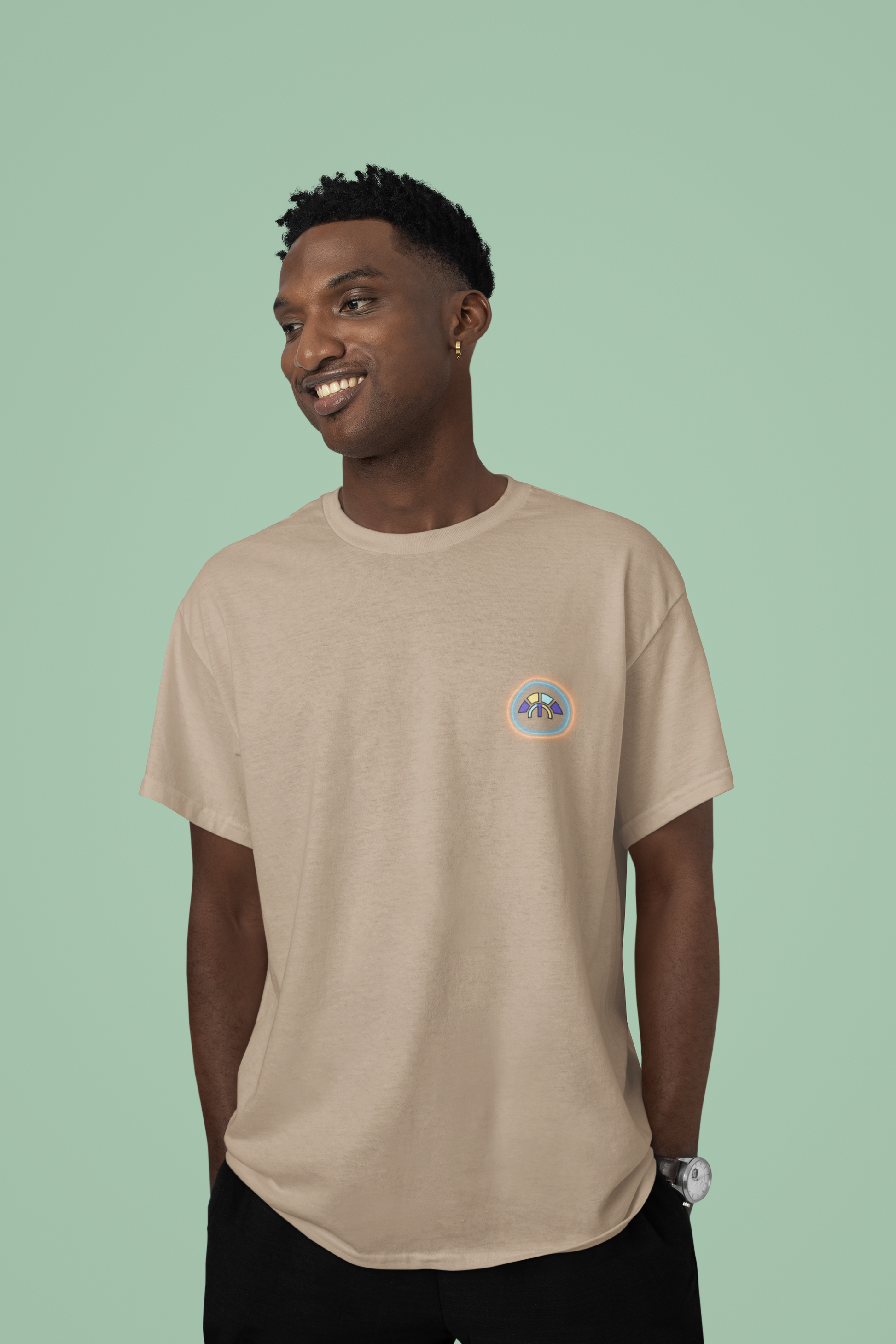 Front view of the desert dust Limitless Levels organic cotton t-shirt with a pastel graphic design, from Simply Pastels, a UK-based premium ethical clothing brand.