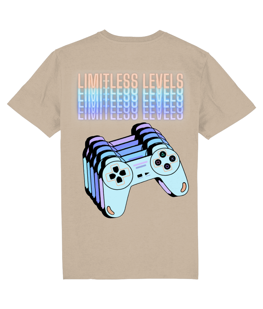 Back view of the desert dust Limitless Levels organic cotton t-shirt with a pastel graphic design, laid flat, from Simply Pastels, a UK-based premium ethical clothing brand.