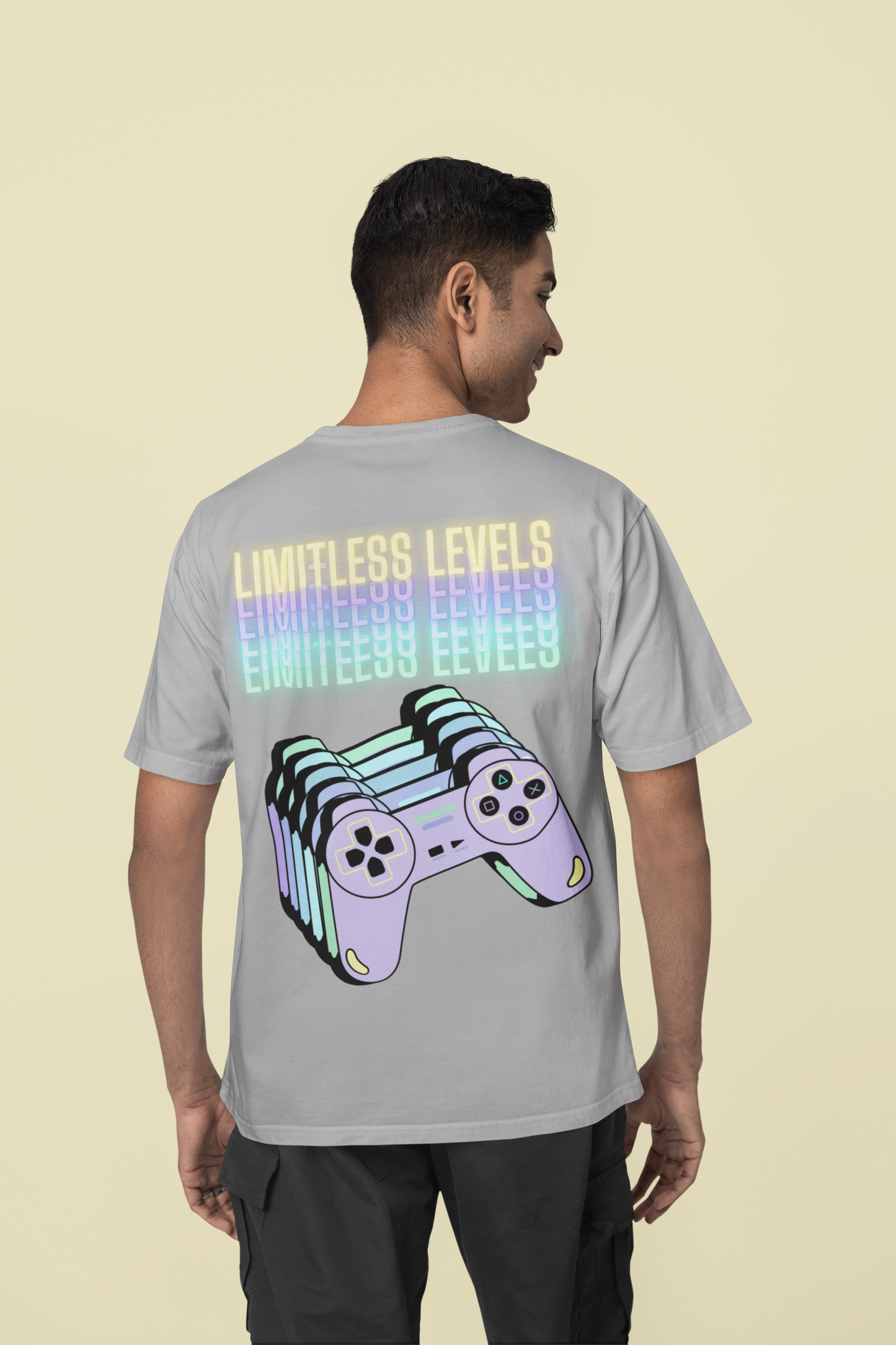 Back view of the heather grey Limitless Levels organic cotton t-shirt with a pastel graphic design, from Simply Pastels, a UK-based premium ethical clothing brand.