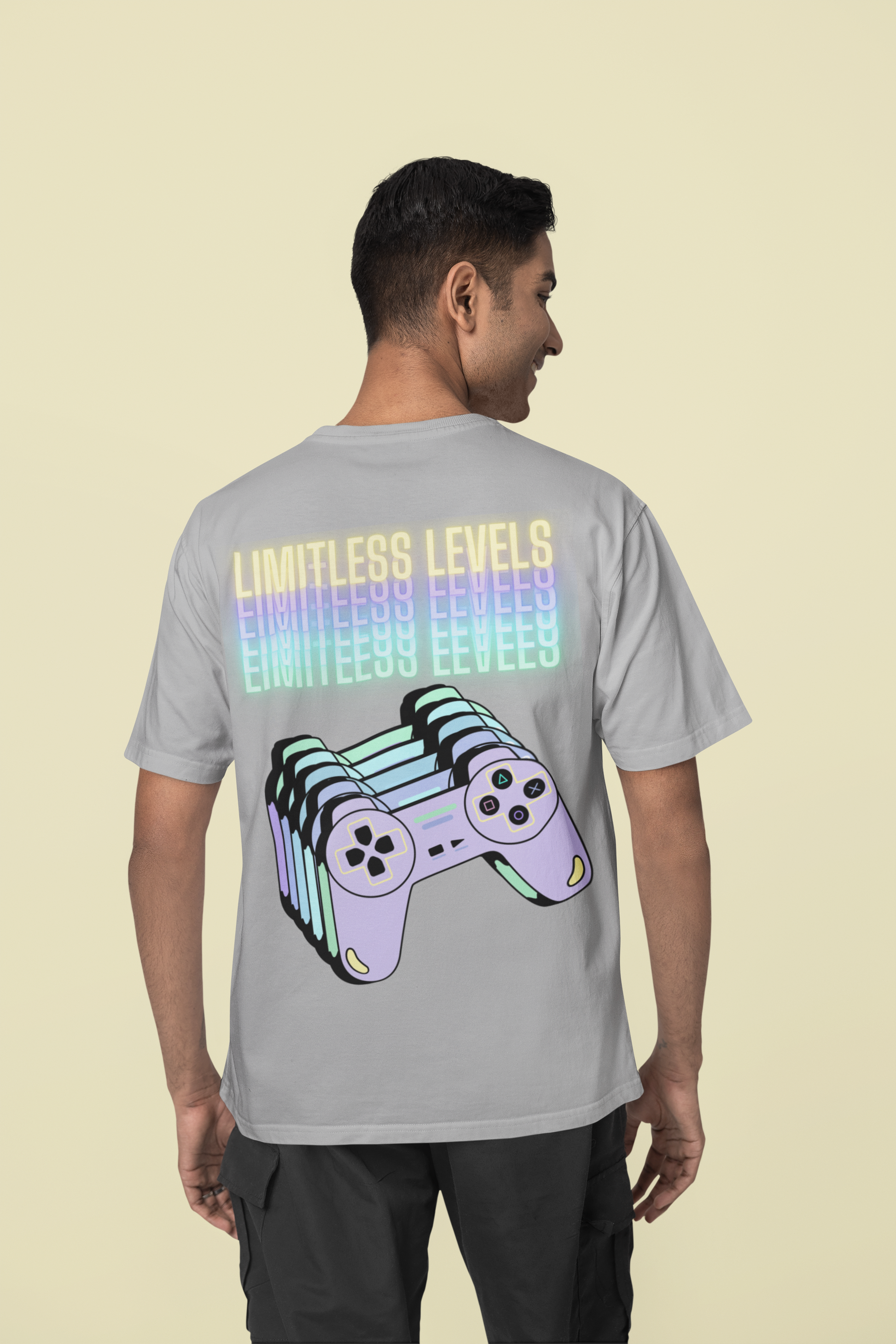 Back view of the heather grey Limitless Levels organic cotton t-shirt with a pastel graphic design, from Simply Pastels, a UK-based premium ethical clothing brand.