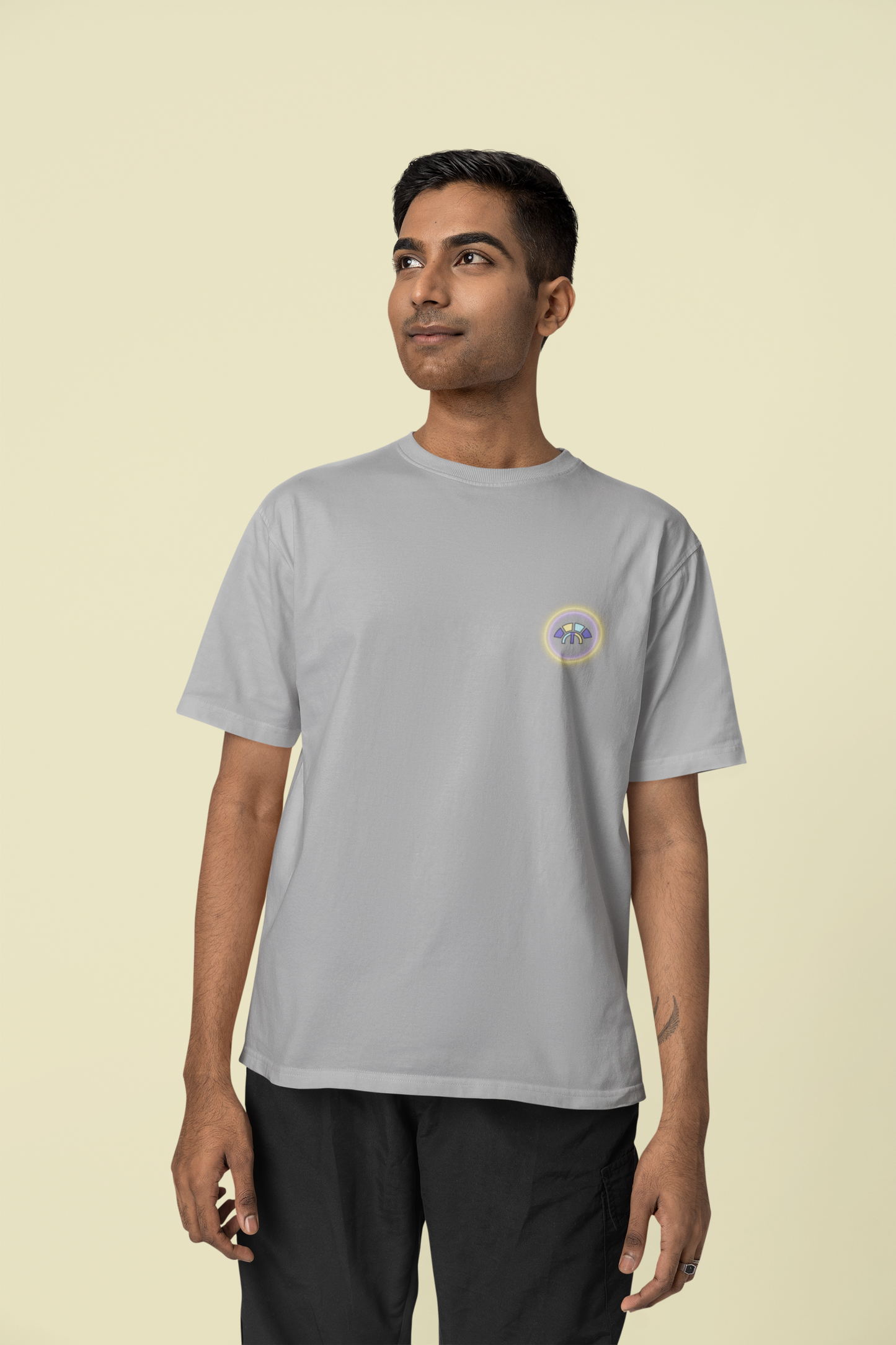 Front view of the heather grey Limitless Levels organic cotton t-shirt with a pastel graphic design, from Simply Pastels, a UK-based premium ethical clothing brand.