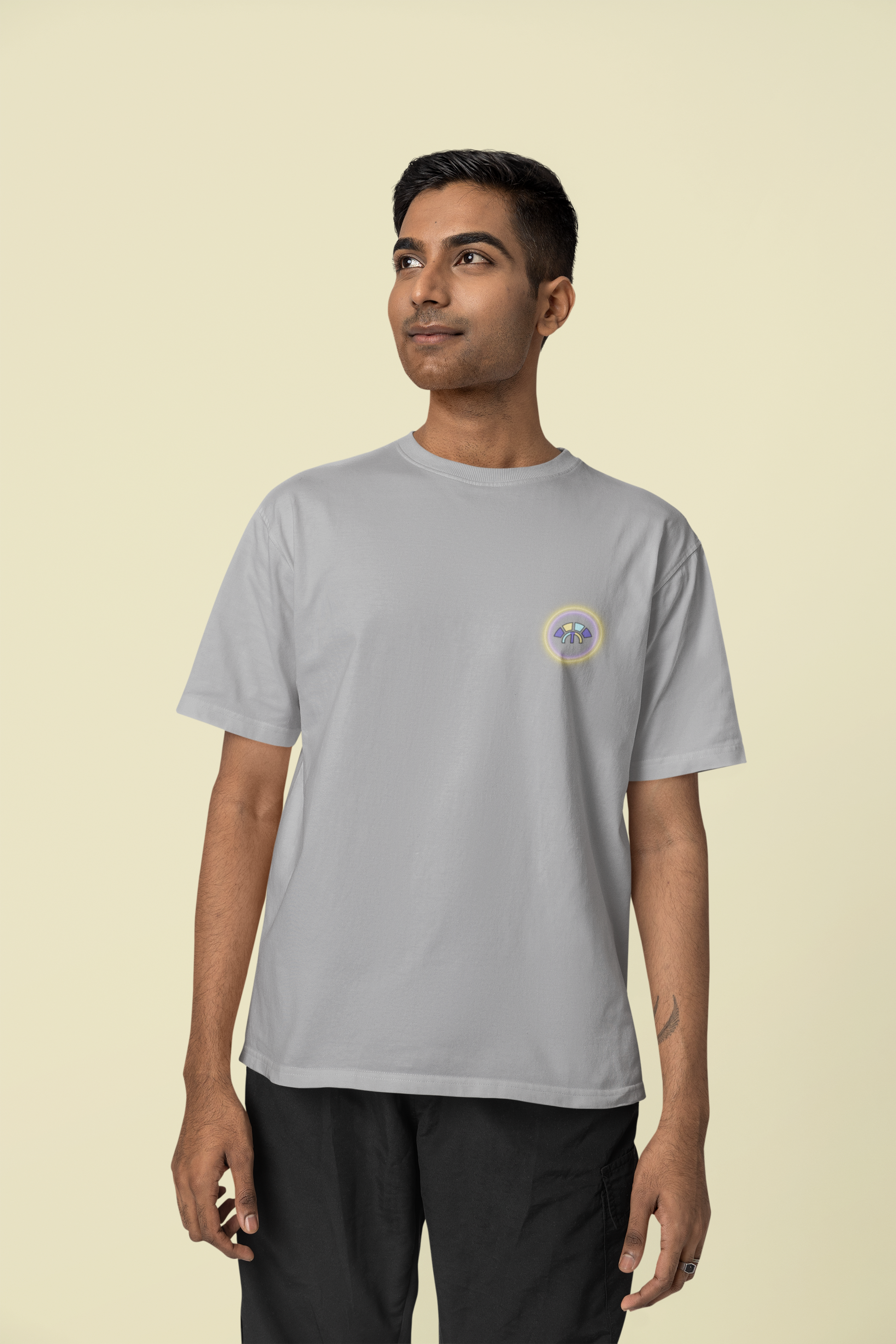 Front view of the heather grey Limitless Levels organic cotton t-shirt with a pastel graphic design, from Simply Pastels, a UK-based premium ethical clothing brand.