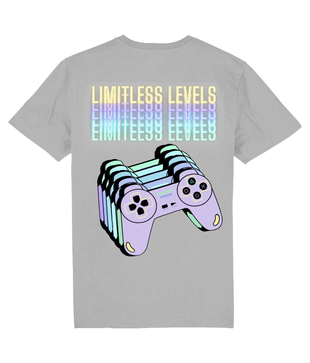Back view of the heather grey Limitless Levels organic cotton t-shirt with a pastel graphic design, laid flat, from Simply Pastels, a UK-based premium ethical clothing brand.