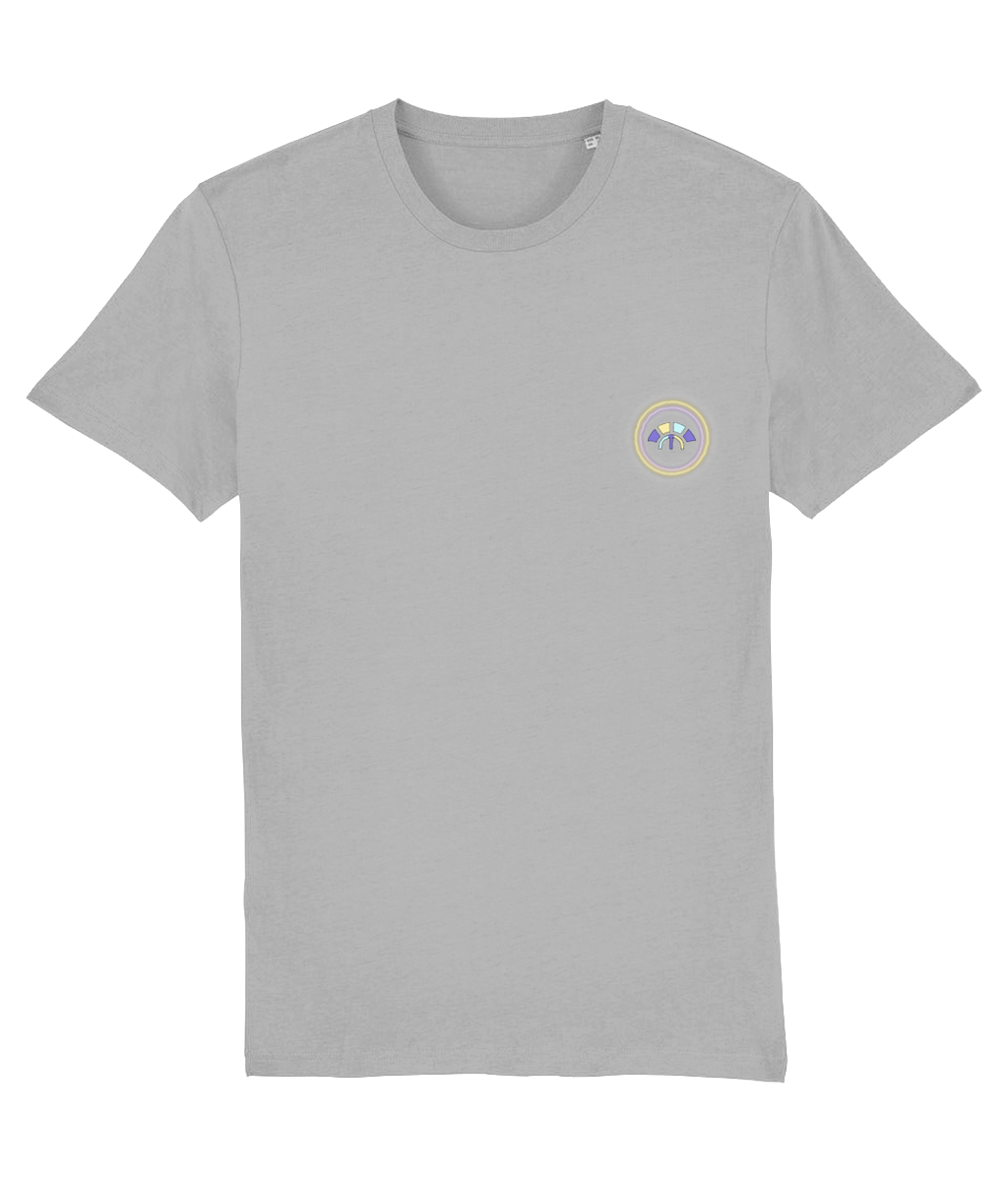Front view of the heather grey Limitless Levels organic cotton t-shirt with a pastel graphic design, laid flat, from Simply Pastels, a UK-based premium ethical clothing brand.