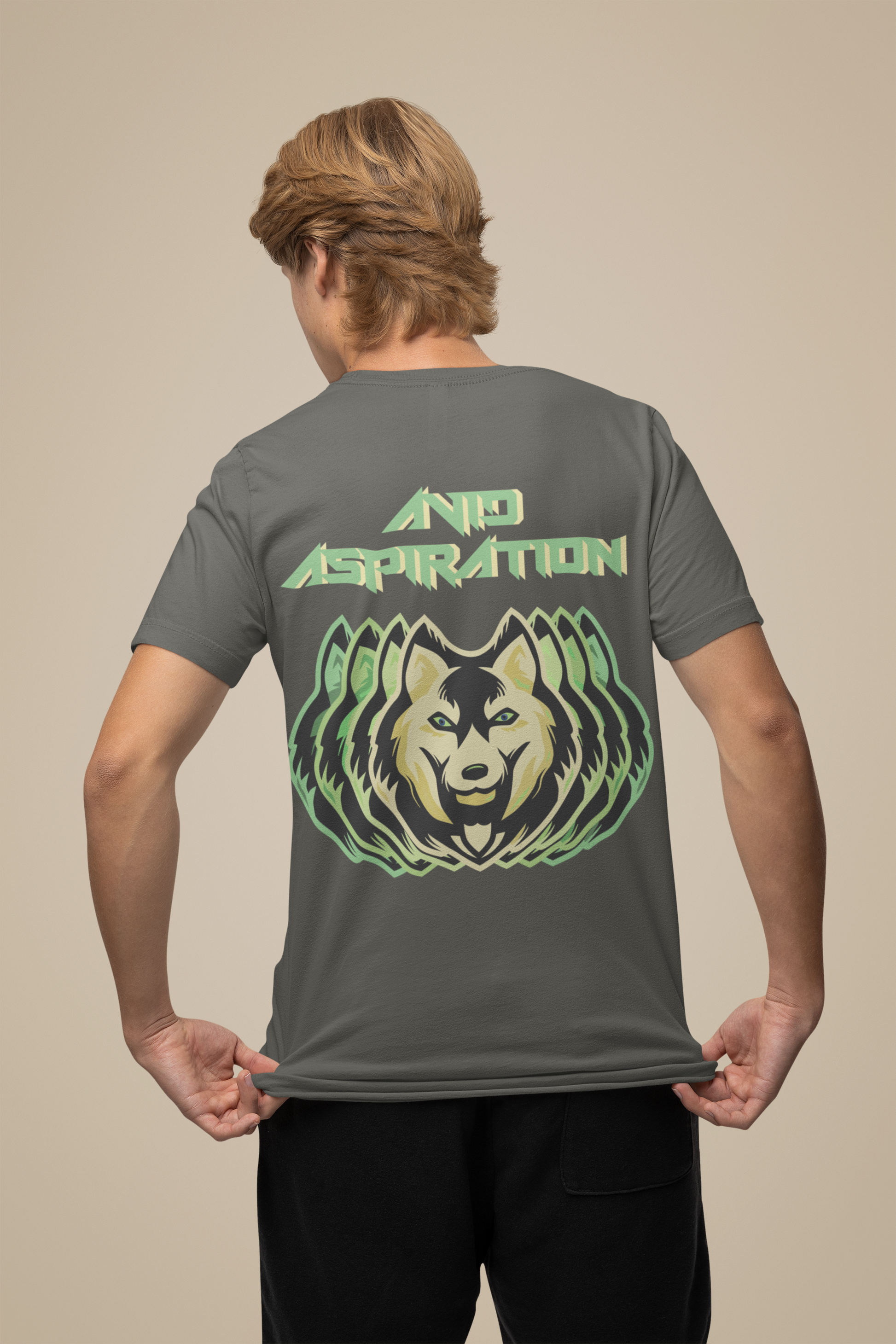 Back view of the khaki Avid Aspiration organic cotton t-shirt with a pastel graphic design, from Simply Pastels, a UK-based premium ethical clothing brand.