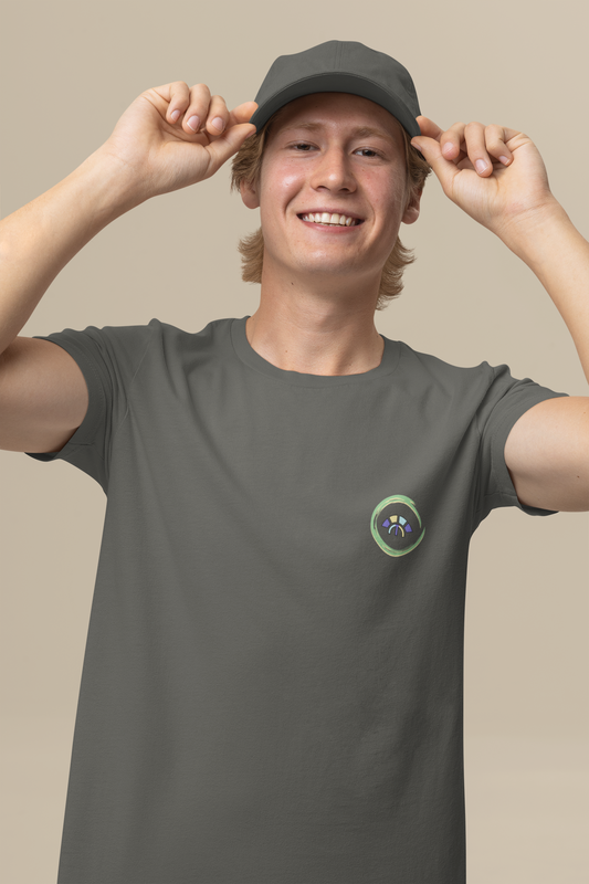 Front view of the khaki Avid Aspiration organic cotton t-shirt with a pastel graphic design, from Simply Pastels, a UK-based premium ethical clothing brand.