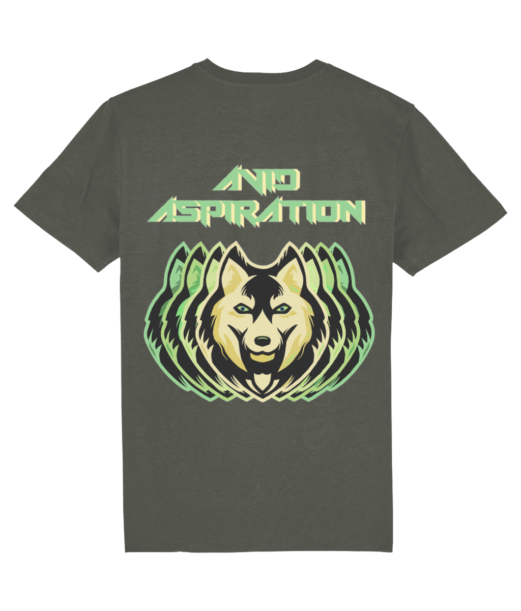 Back view of the khaki Avid Aspiration organic cotton t-shirt with a pastel graphic design, laid flat, from Simply Pastels, a UK-based premium ethical clothing brand.