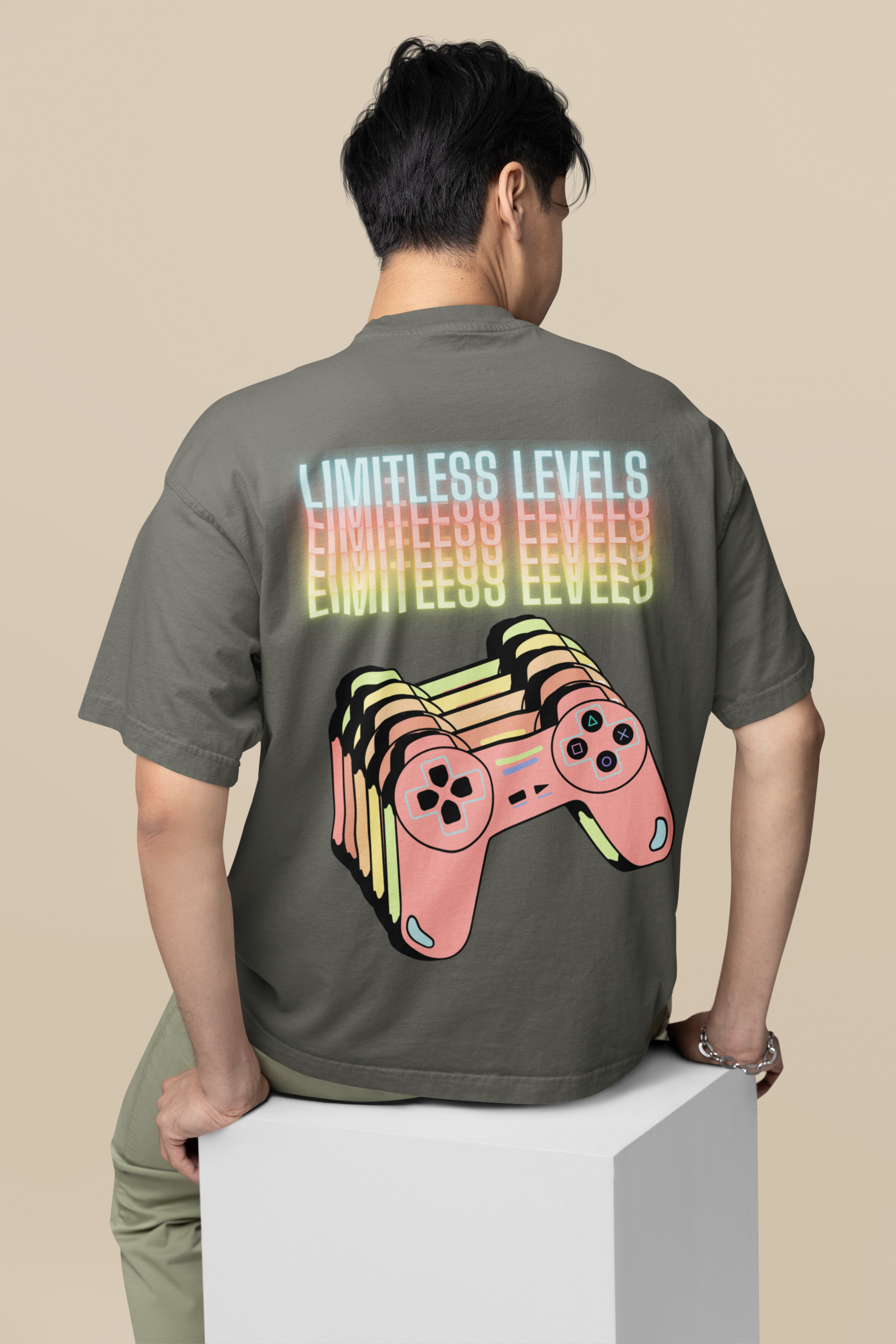 Back view of the khaki Limitless Levels organic cotton t-shirt with a pastel graphic design, from Simply Pastels, a UK-based premium ethical clothing brand.