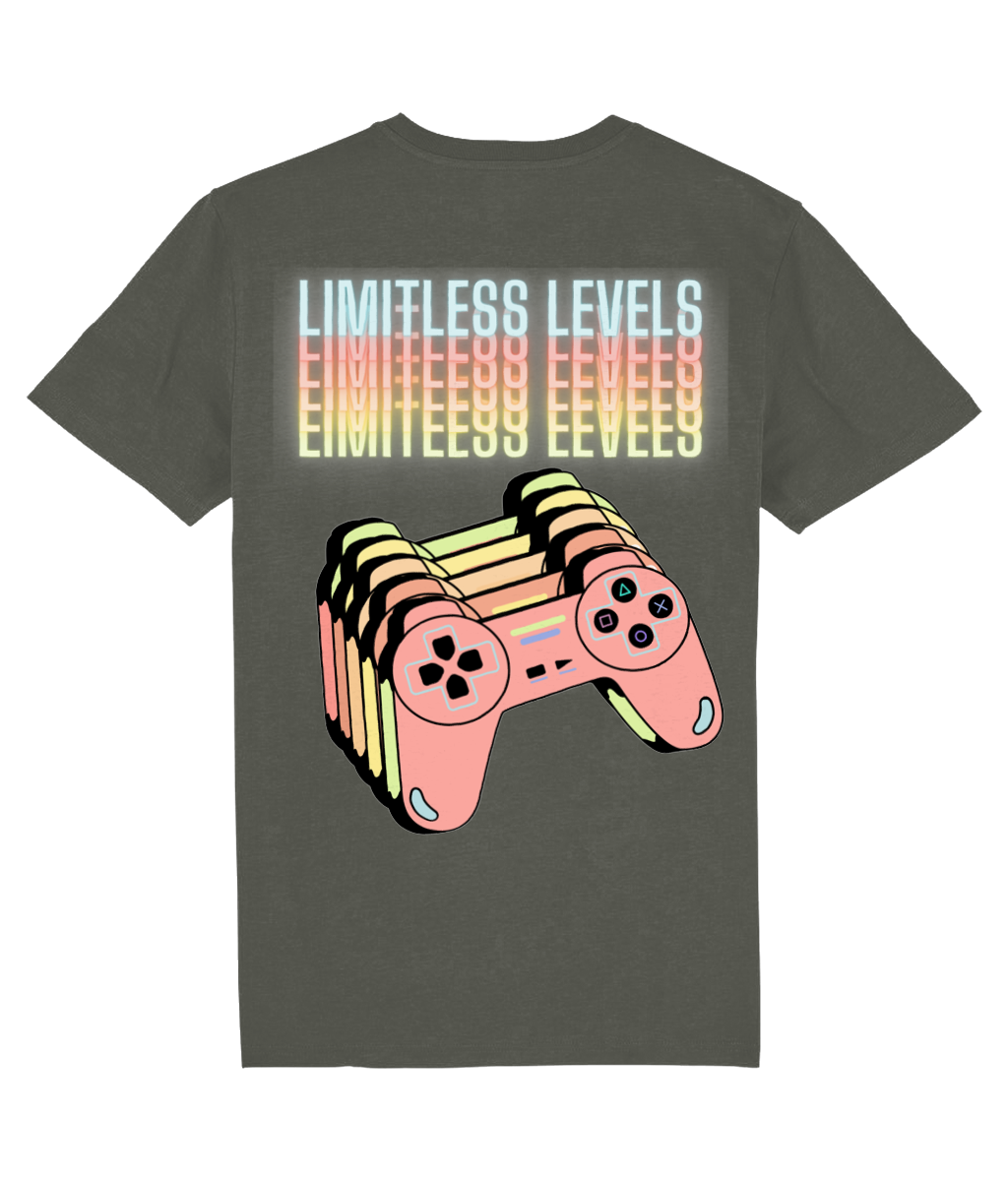 Back view of the khaki Limitless Levels organic cotton t-shirt with a pastel graphic design, laid flat, from Simply Pastels, a UK-based premium ethical clothing brand.