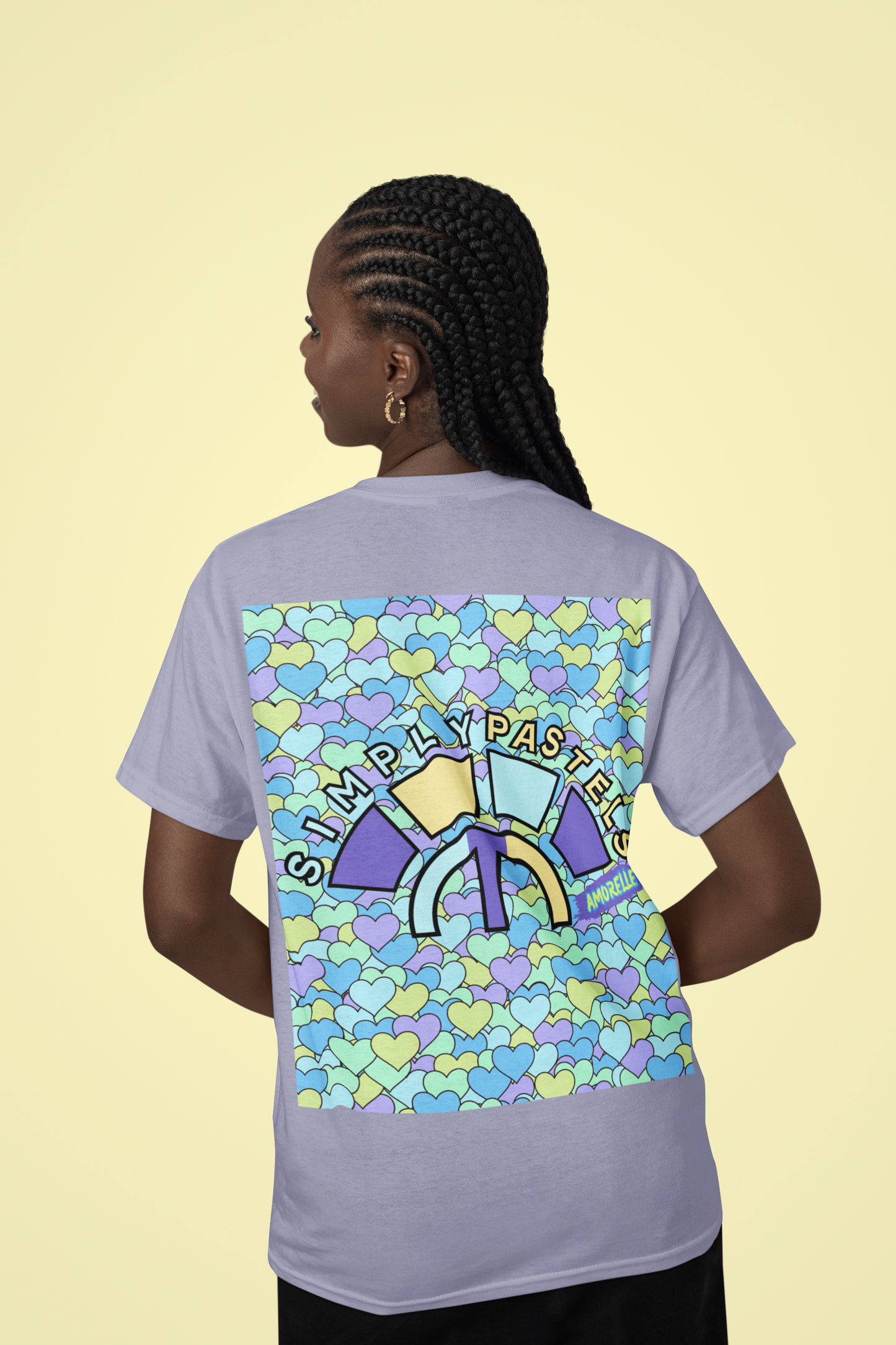 Back view of the lavender Amorelle organic cotton t-shirt with a pastel graphic design, from Simply Pastels, a UK-based premium ethical clothing brand.