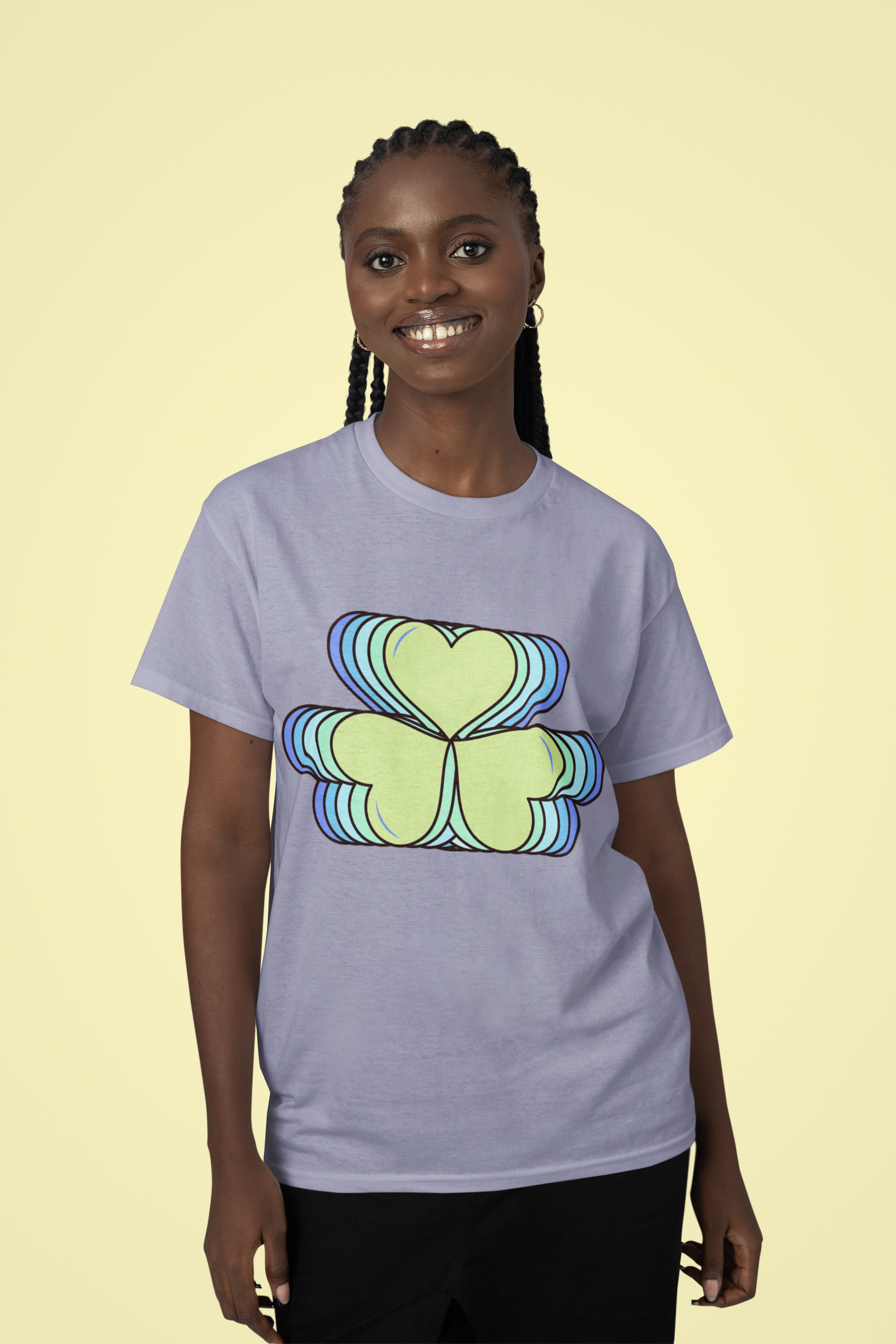 Front view of the lavender Amorelle organic cotton t-shirt with a pastel graphic design, from Simply Pastels, a UK-based premium ethical clothing brand.