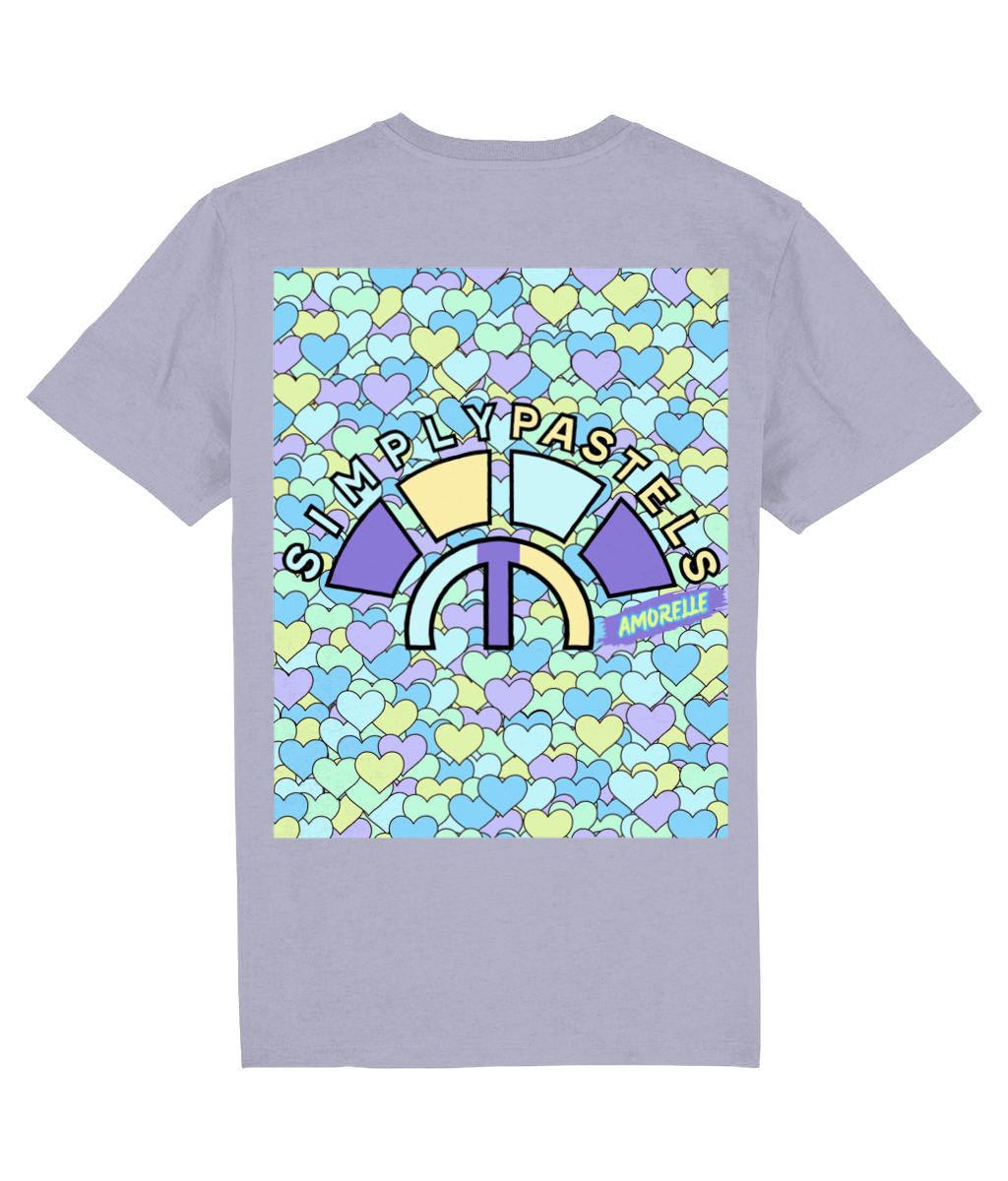 Back view of the lavender Amorelle organic cotton t-shirt with a pastel graphic design, laid flat, from Simply Pastels, a UK-based premium ethical clothing brand.