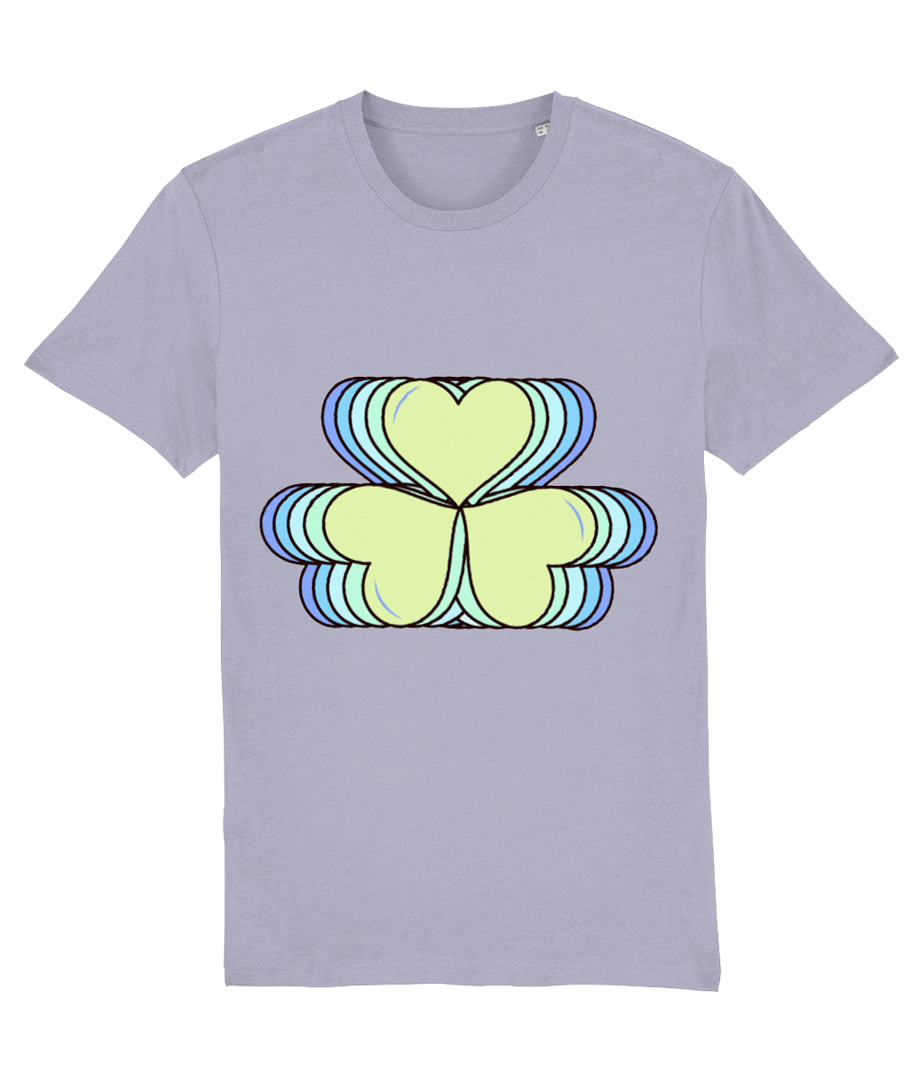 Front view of the lavender Amorelle organic cotton t-shirt with a pastel graphic design, laid flat, from Simply Pastels, a UK-based premium ethical clothing brand.