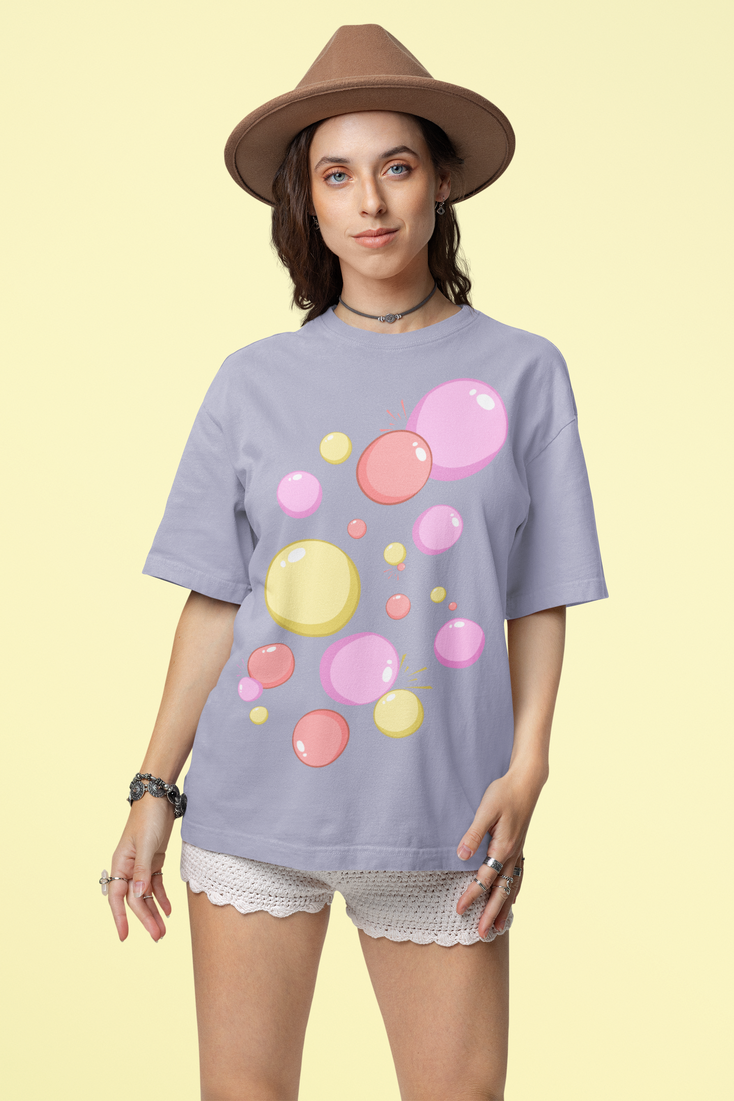 Front view of the lavender Ethereal organic cotton t-shirt with a pastel graphic design, from Simply Pastels, a UK-based premium ethical clothing brand.