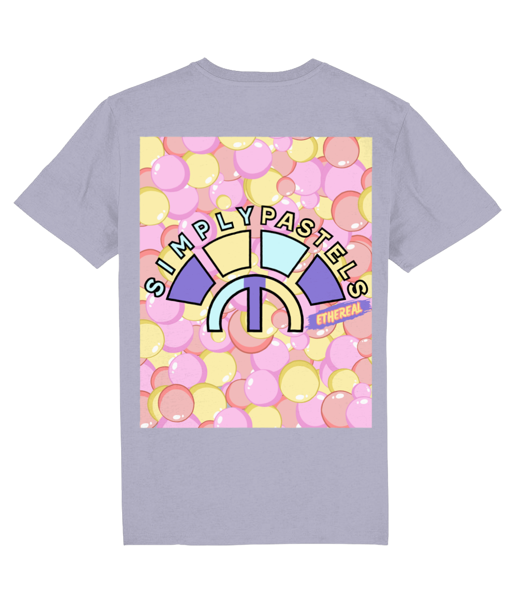 Back view of the lavender Ethereal organic cotton t-shirt with a pastel graphic design, laid flat, from Simply Pastels, a UK-based premium ethical clothing brand.