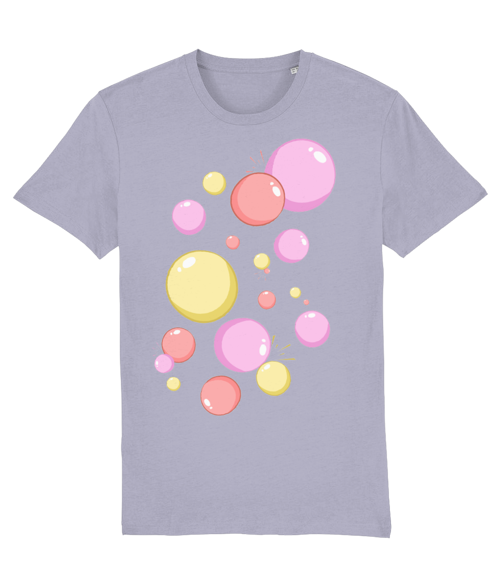 Front view of the lavender Ethereal organic cotton t-shirt with a pastel graphic design, laid flat, from Simply Pastels, a UK-based premium ethical clothing brand.