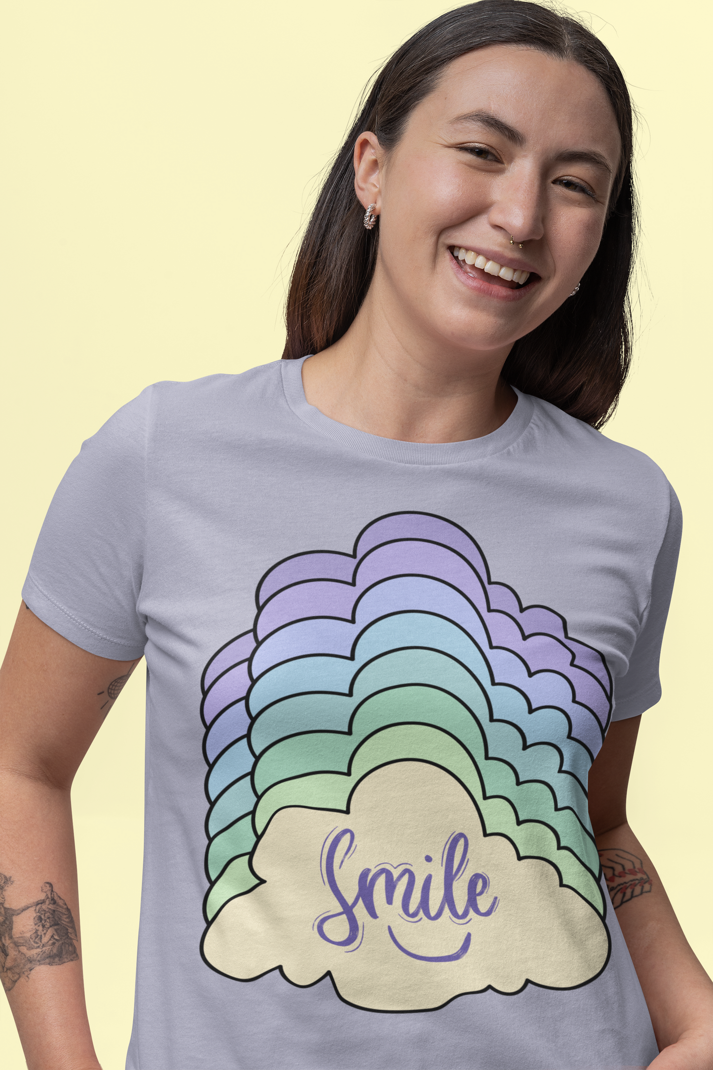 Front view of the lavender Kloudie organic cotton t-shirt with a pastel graphic design, from Simply Pastels, a UK-based premium ethical clothing brand.