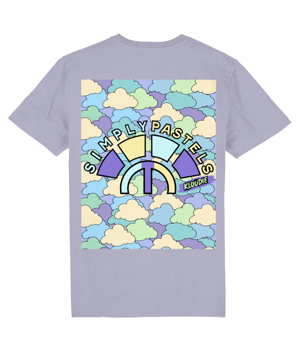 Back view of the lavender Kloudie organic cotton t-shirt with a pastel graphic design, laid flat, from Simply Pastels, a UK-based premium ethical clothing brand.