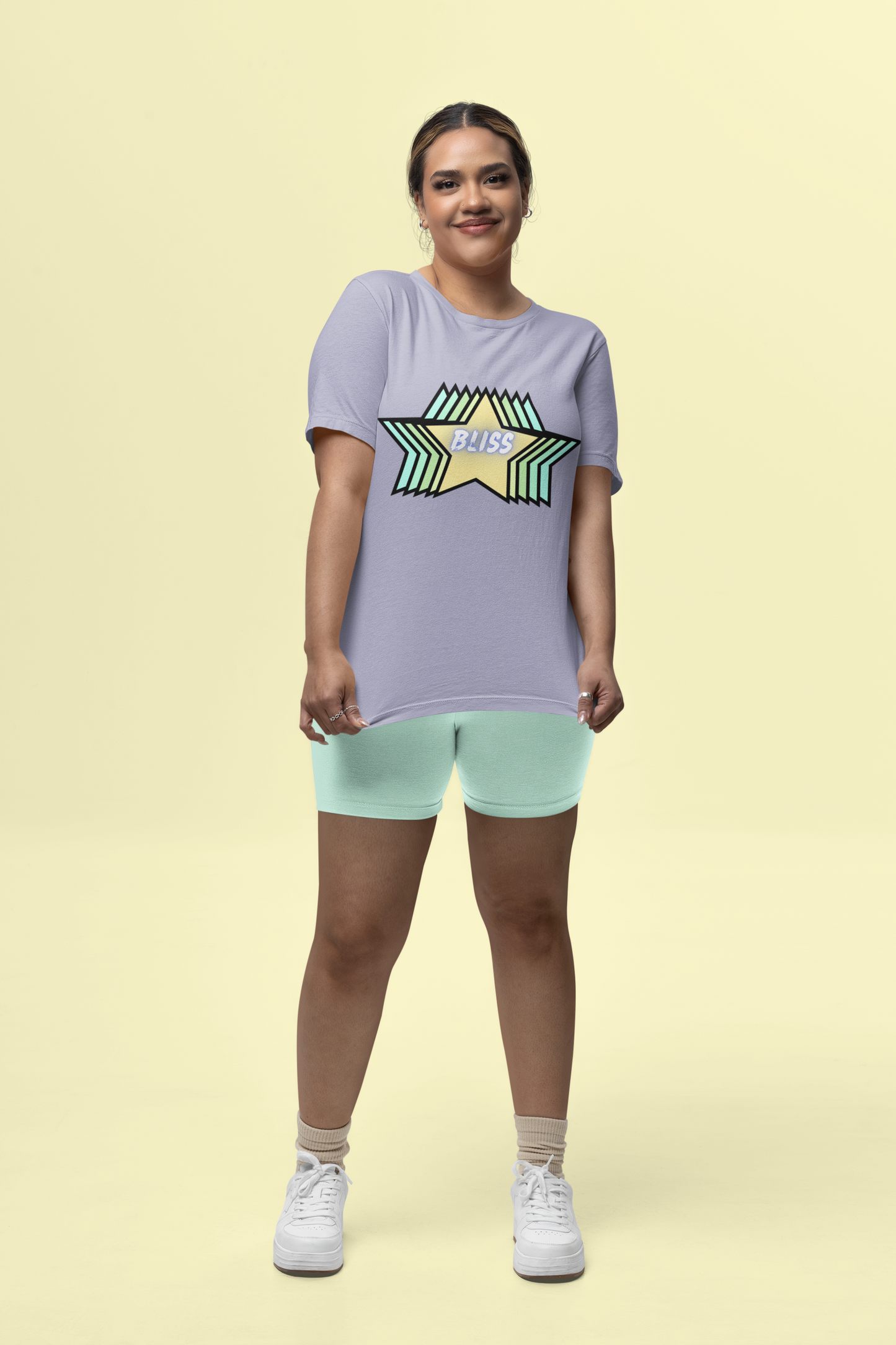 Front view of the lavender Stellar organic cotton t-shirt with a pastel graphic design, from Simply Pastels, a UK-based premium ethical clothing brand.