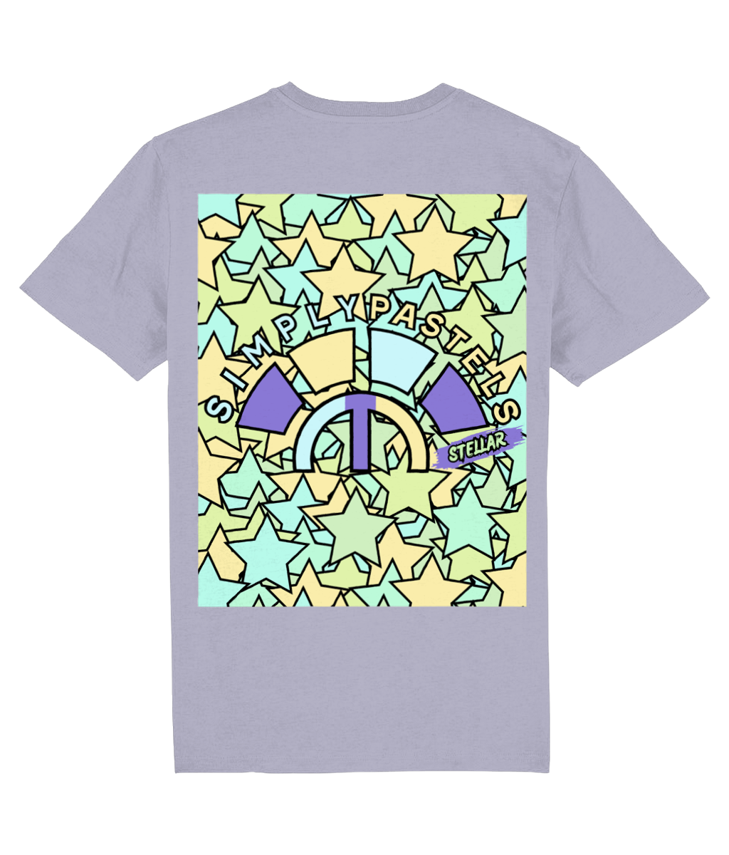 Back view of the lavender Stellar organic cotton t-shirt with a pastel graphic design, laid flat, from Simply Pastels, a UK-based premium ethical clothing brand.
