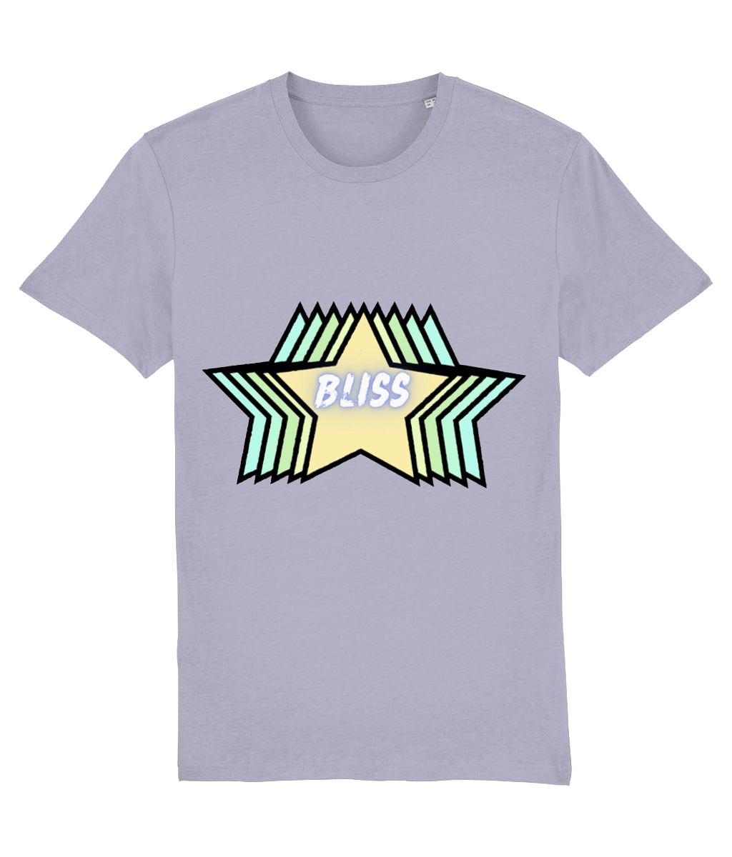 Front view of the lavender Stellar organic cotton t-shirt with a pastel graphic design, laid flat, from Simply Pastels, a UK-based premium ethical clothing brand.